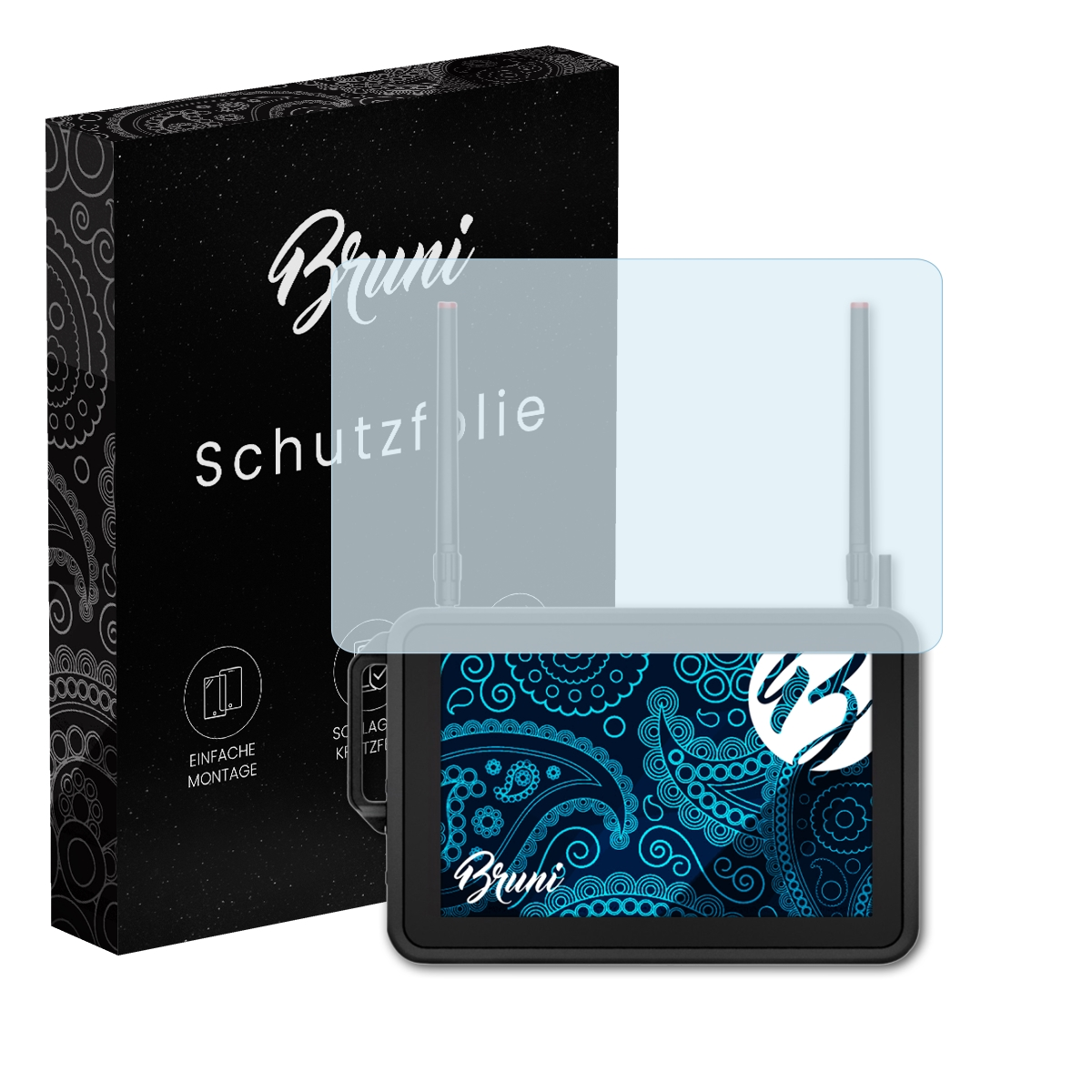 Monitor mit Displayschutz, Box links. Schwarzer Monitor, klarer Schutz oben drauf.