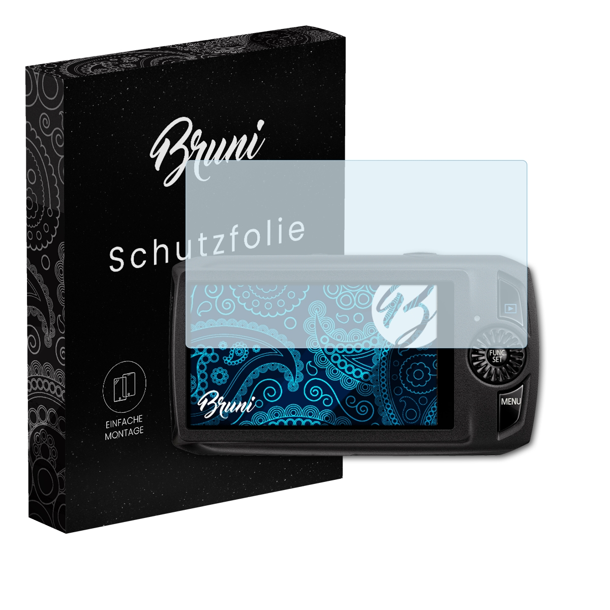 Monitor mit Displayschutz, Box links. Schwarzer Monitor, klarer Schutz auf dem Bildschirm.
