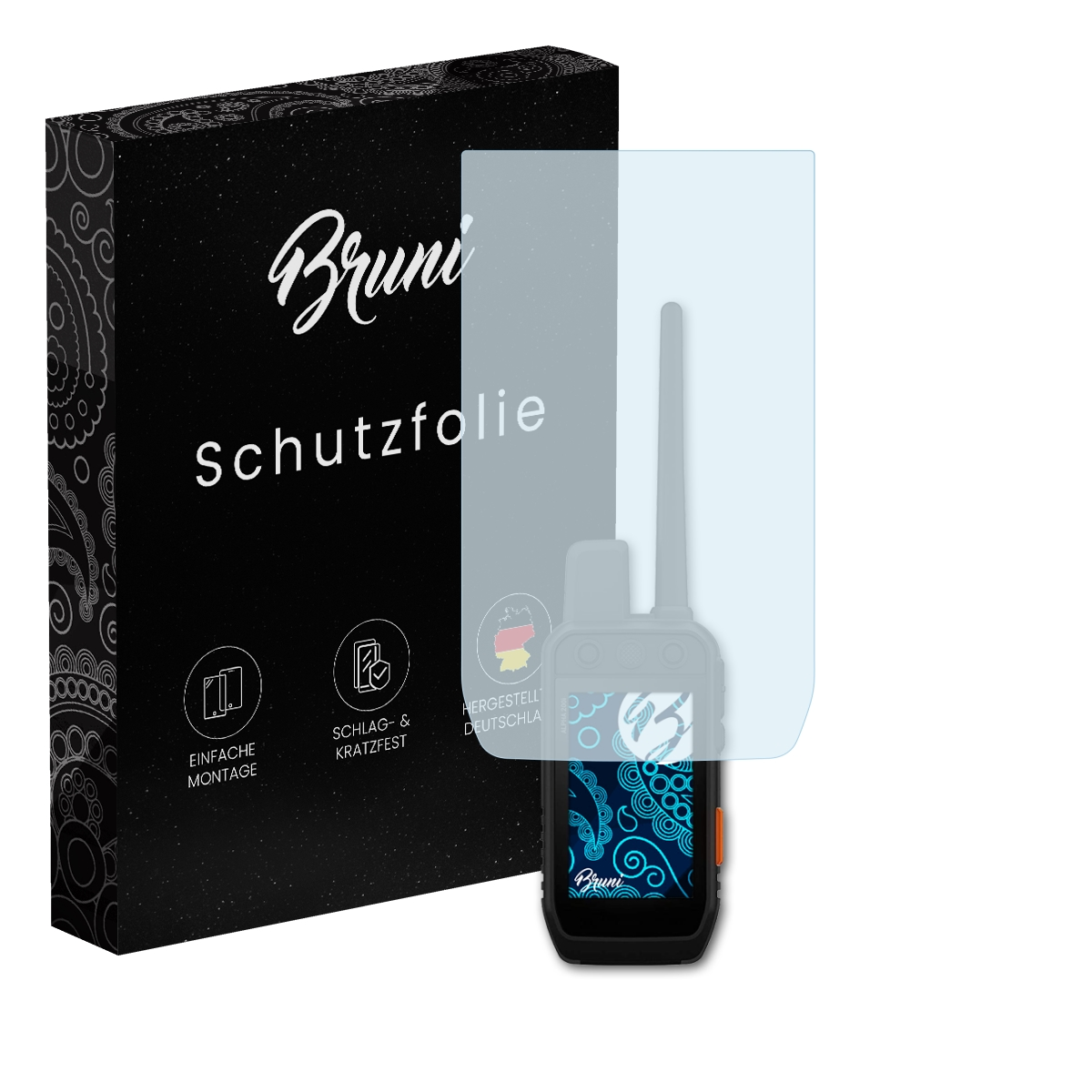 Eine schwarze Box mit Text und ein Walkie-Talkie mit einer Displayschutzfolie.