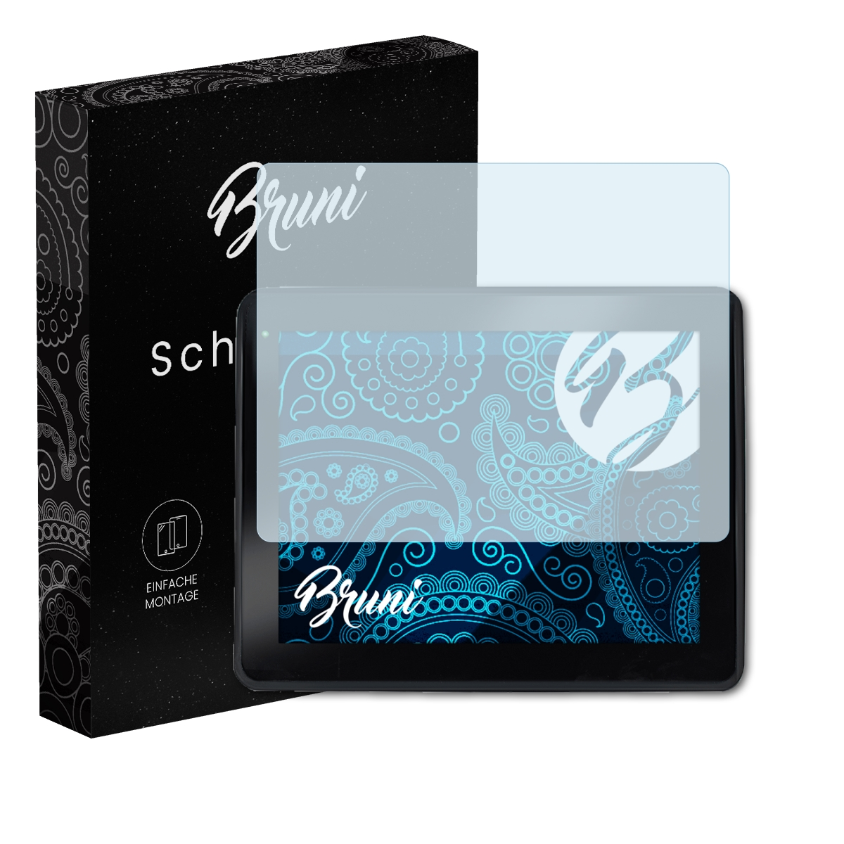 Schwarzes Gerät mit Displayschutz, neben einer schwarzen Box 'Bruni'.