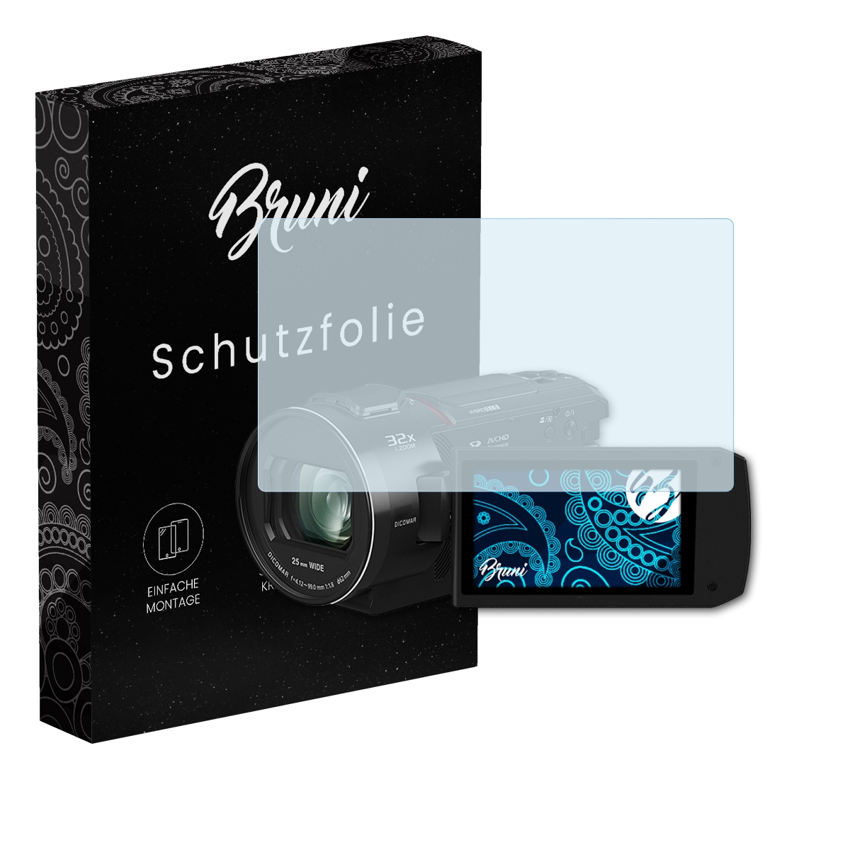 Ein Displayschutz über einem Camcorder-Bildschirm und seine Schachtel. Der Bildschirm zeigt blaues Paisley.