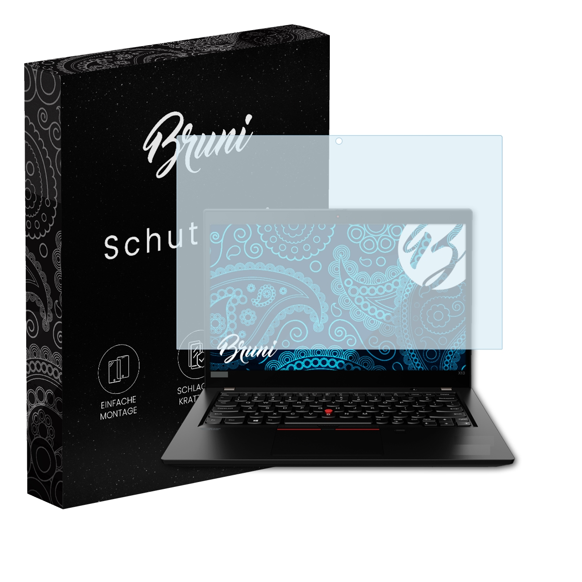 Ein Laptop mit Displayschutzfolie. Eine schwarze Box mit dem Markennamen 'Bruni'.