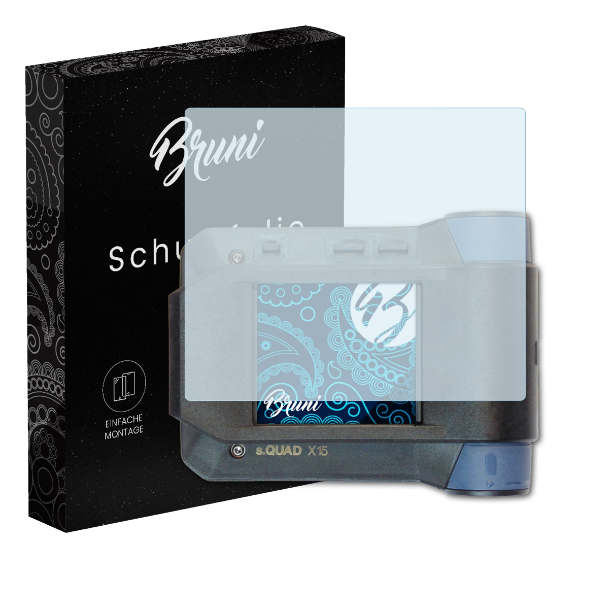 Ein Gerät mit Displayschutzfolie, neben einer schwarzen Box. Die Folie bedeckt den Bildschirm des Geräts.