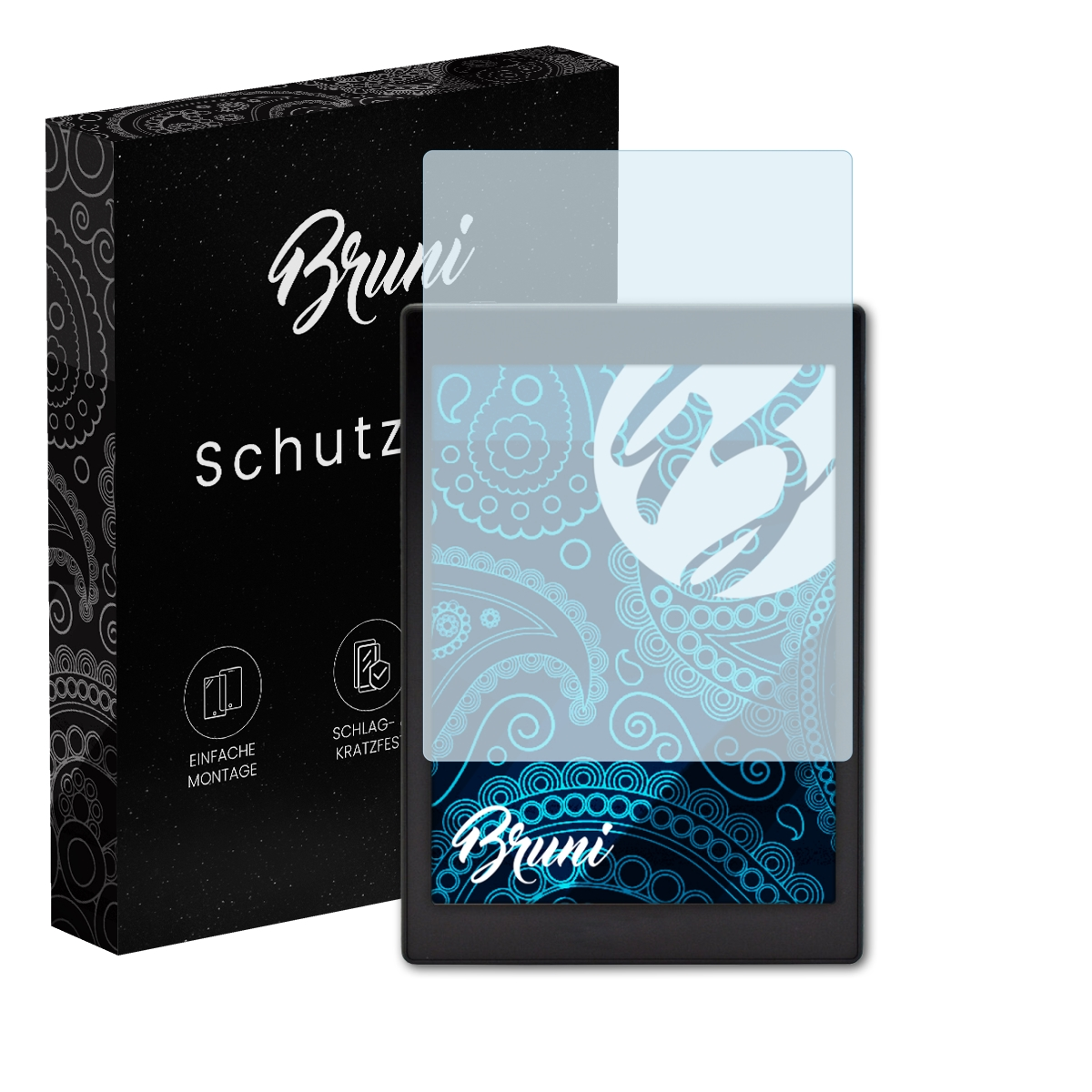 E-Reader mit Displayschutz. Schwarze Box mit 'Bruni Schutzfolie' links.