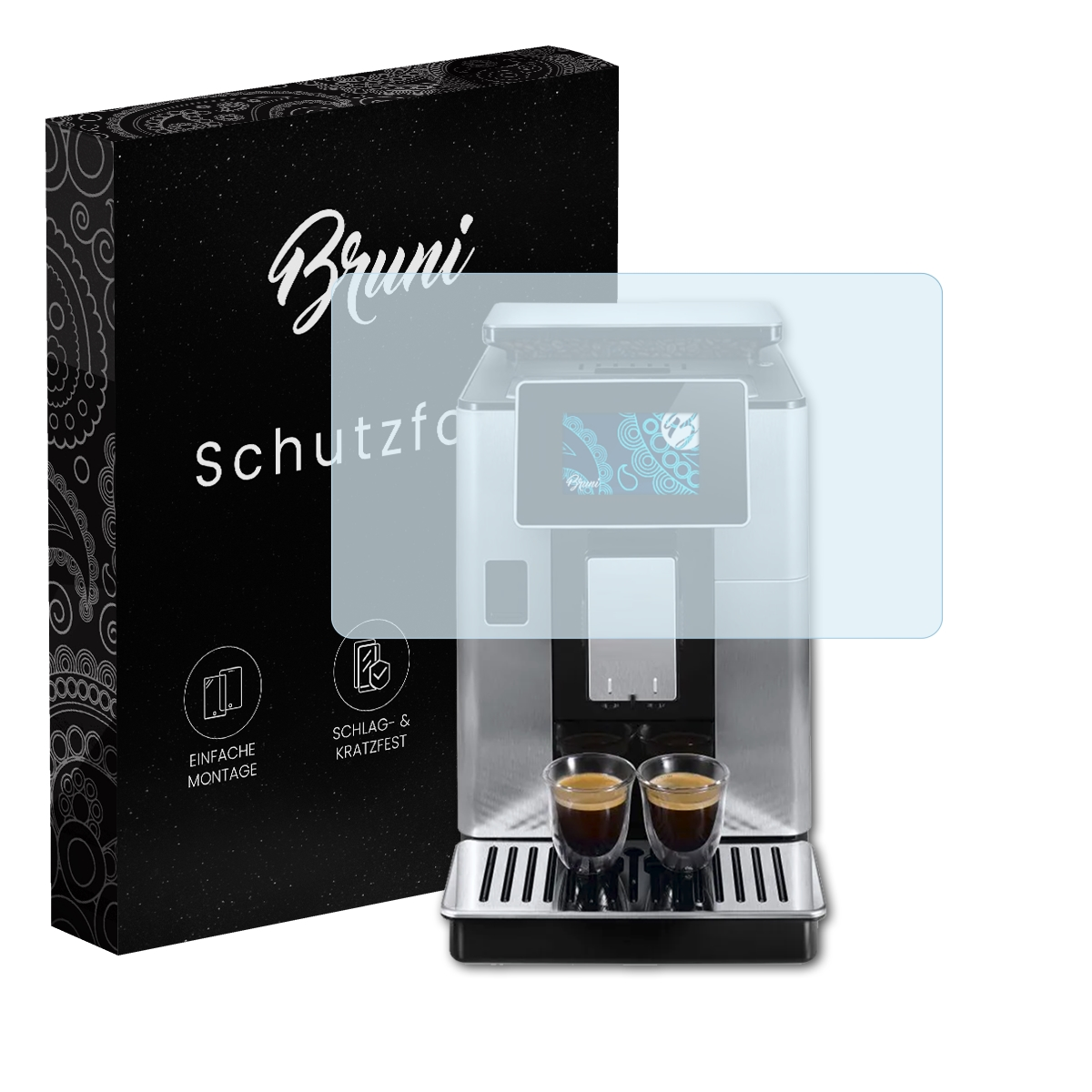 Schwarze Box mit 'Bruni' und Displayschutzfolie über einer Espressomaschine.