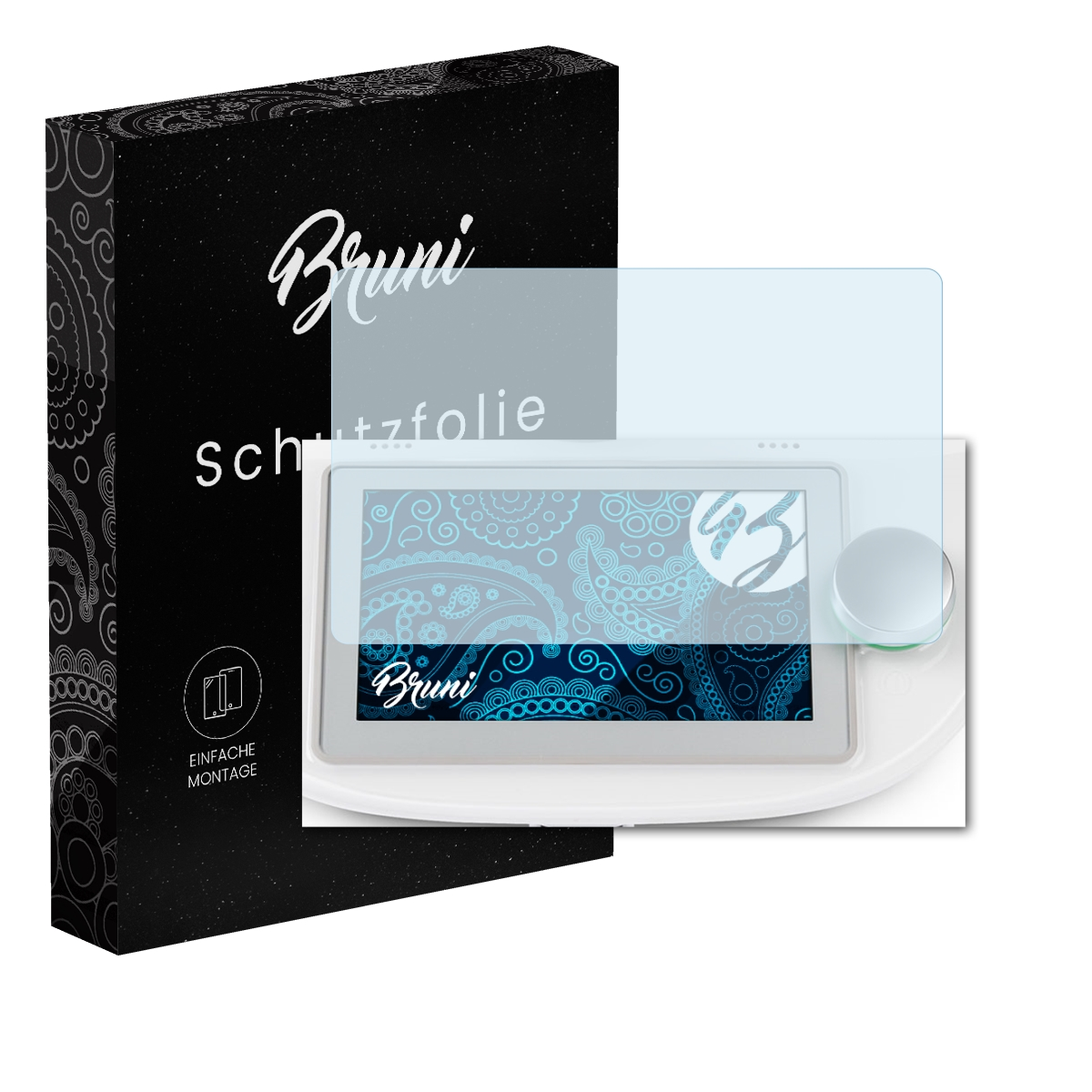 Ein weißes Tablet mit Displayschutz und eine schwarze Box. Der Bildschirm zeigt ein blaues Paisley-Design.