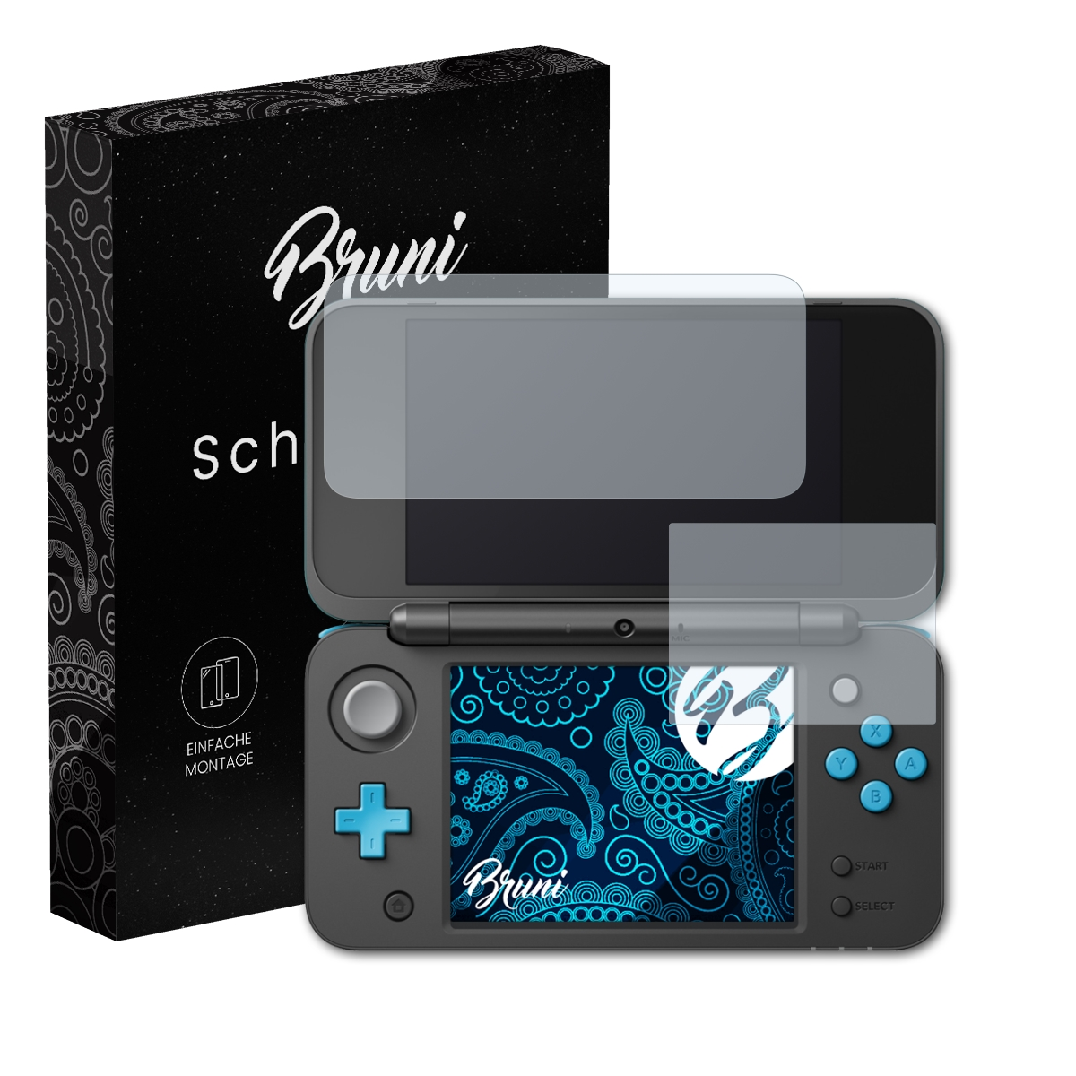 Eine Spielkonsole mit Displayschutzfolie und Verpackung. Die Box ist schwarz mit weißem Text.