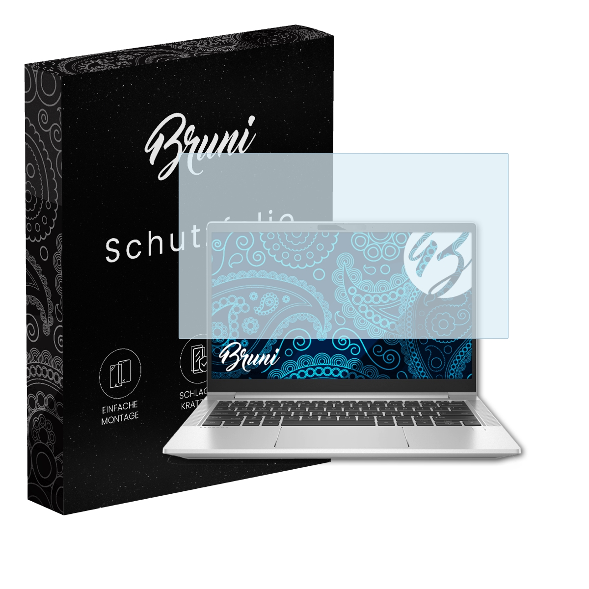Ein Laptop mit Displayschutzfolie, eine Box mit Text und einem blauen Muster. Der Laptop ist silber.
