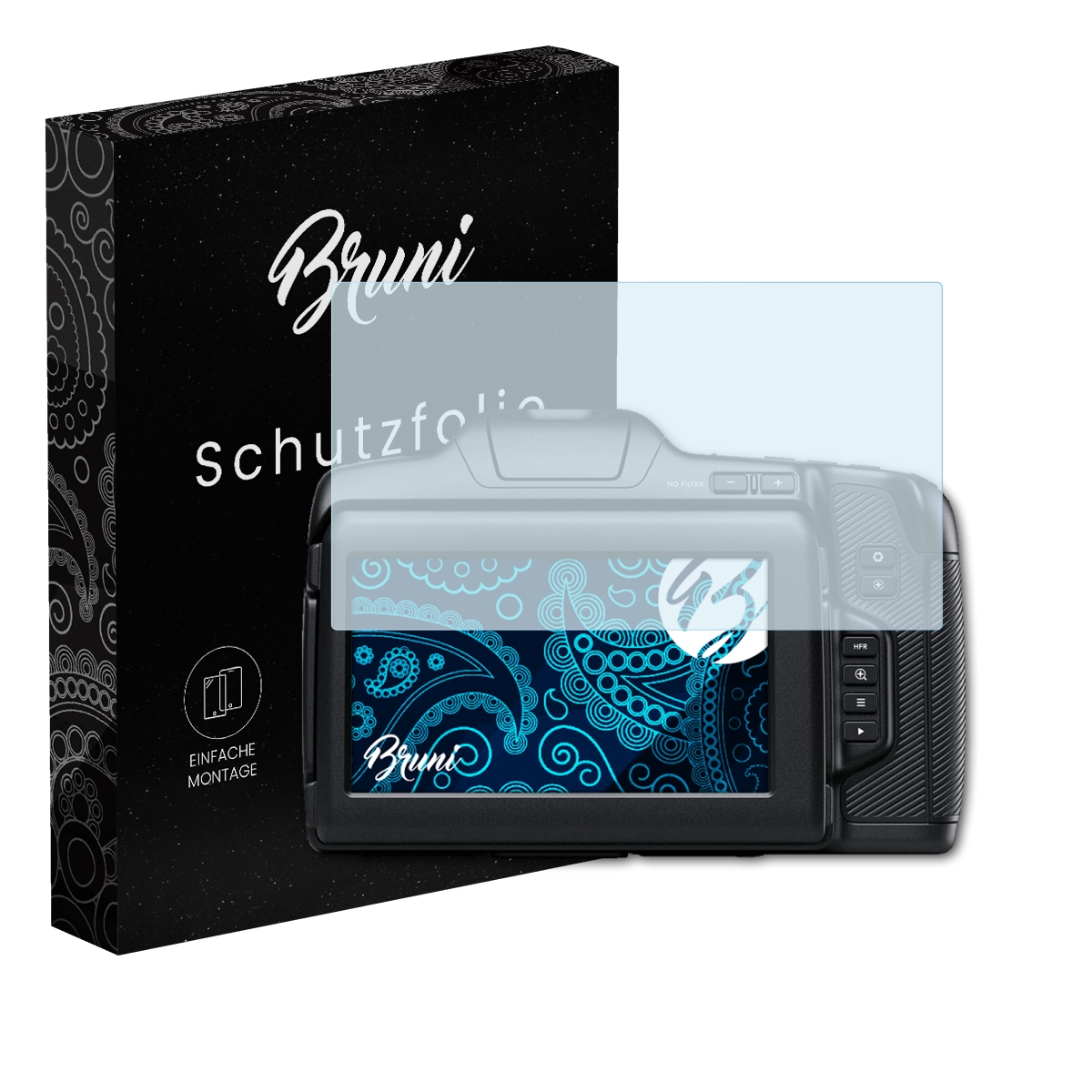 Kamera mit Displayschutzfolie. Box links. Blaues Design auf dem Bildschirm.