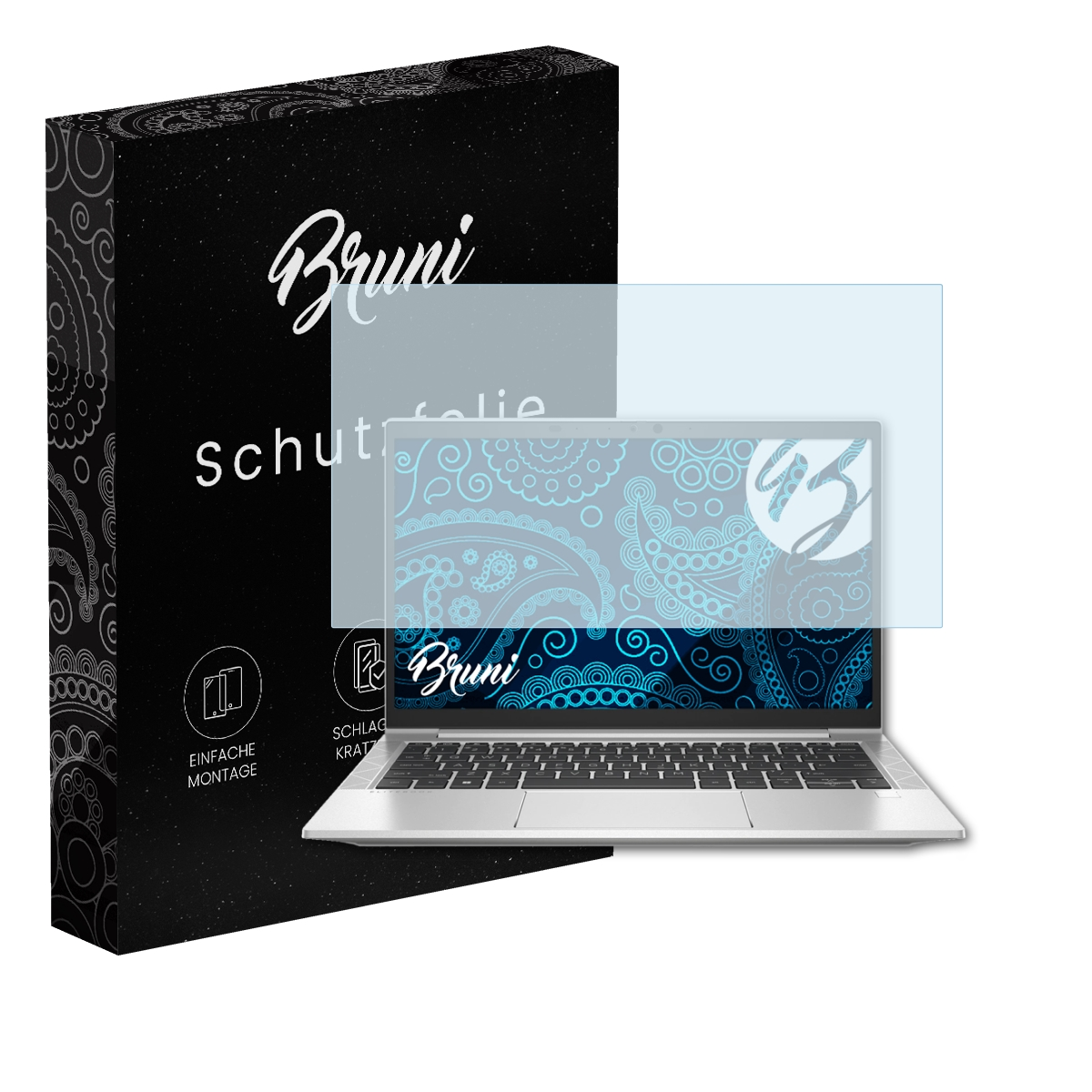 Laptop mit Displayschutzfolie, links eine Box. Protector mit Bruni-Logo. Box-Text: Schutzfolie.