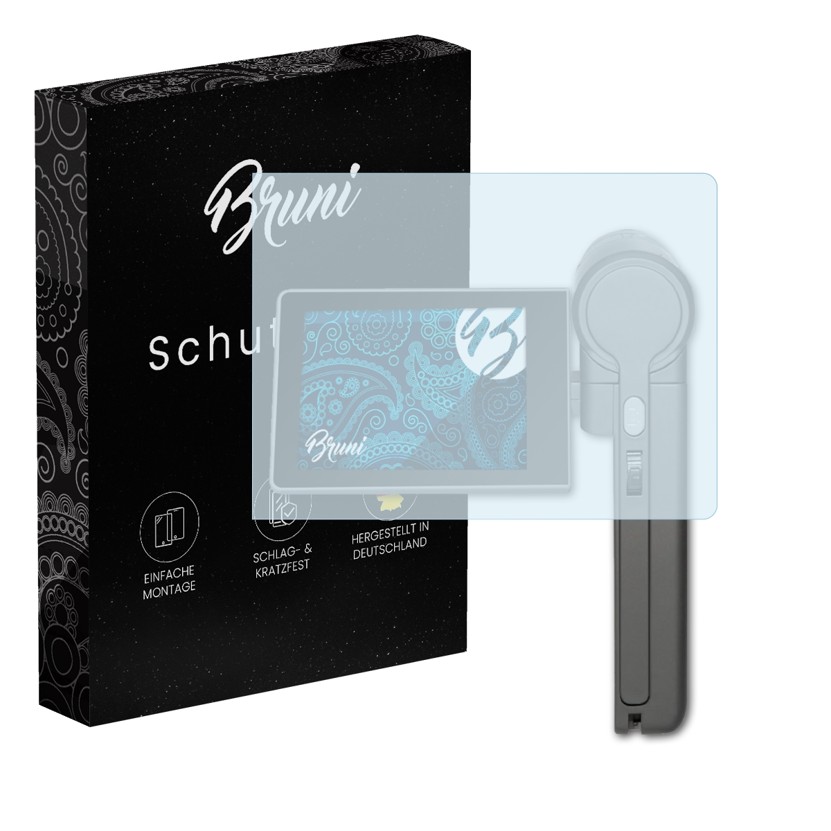 Displayschutz auf einem Gerät, Schachtel mit Branding und Symbolen.