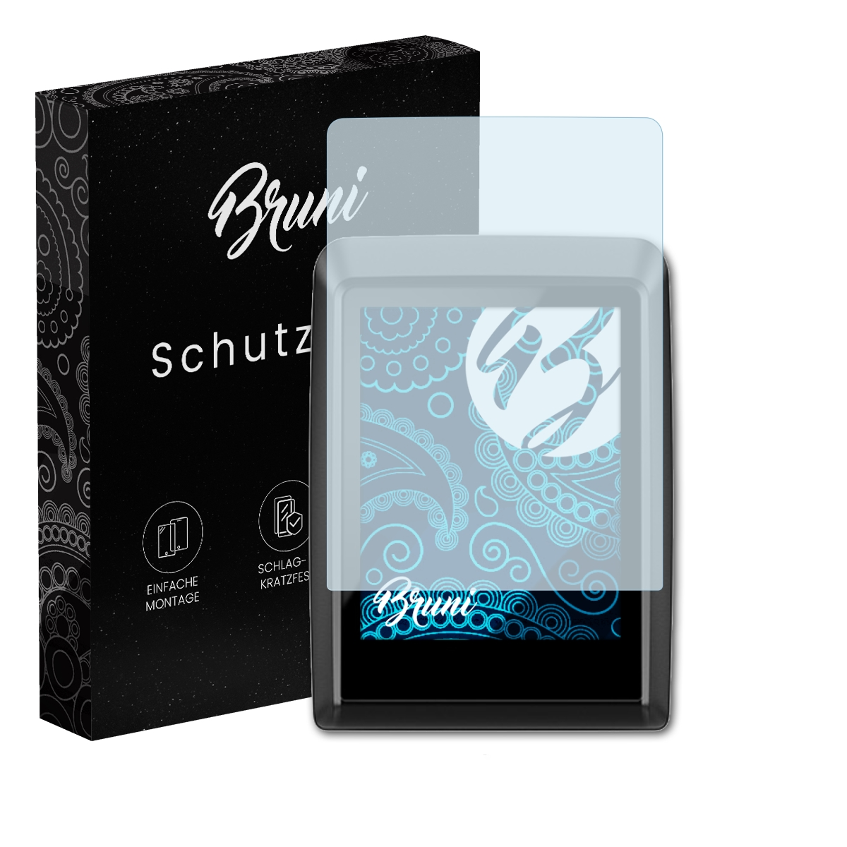 Ein Displayschutz und ein Gerät werden gezeigt, mit einer schwarzen Box im Hintergrund.
