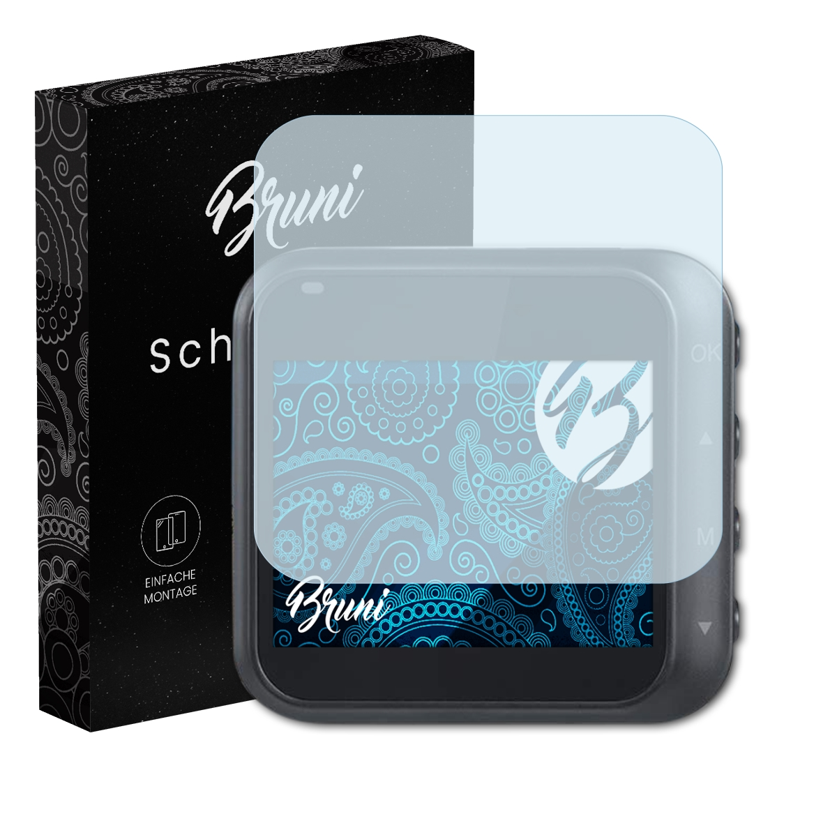 Ein kleines Gerät mit Displayschutzfolie neben der Markenbox. Der Bildschirm zeigt blaues Paisley-Design.