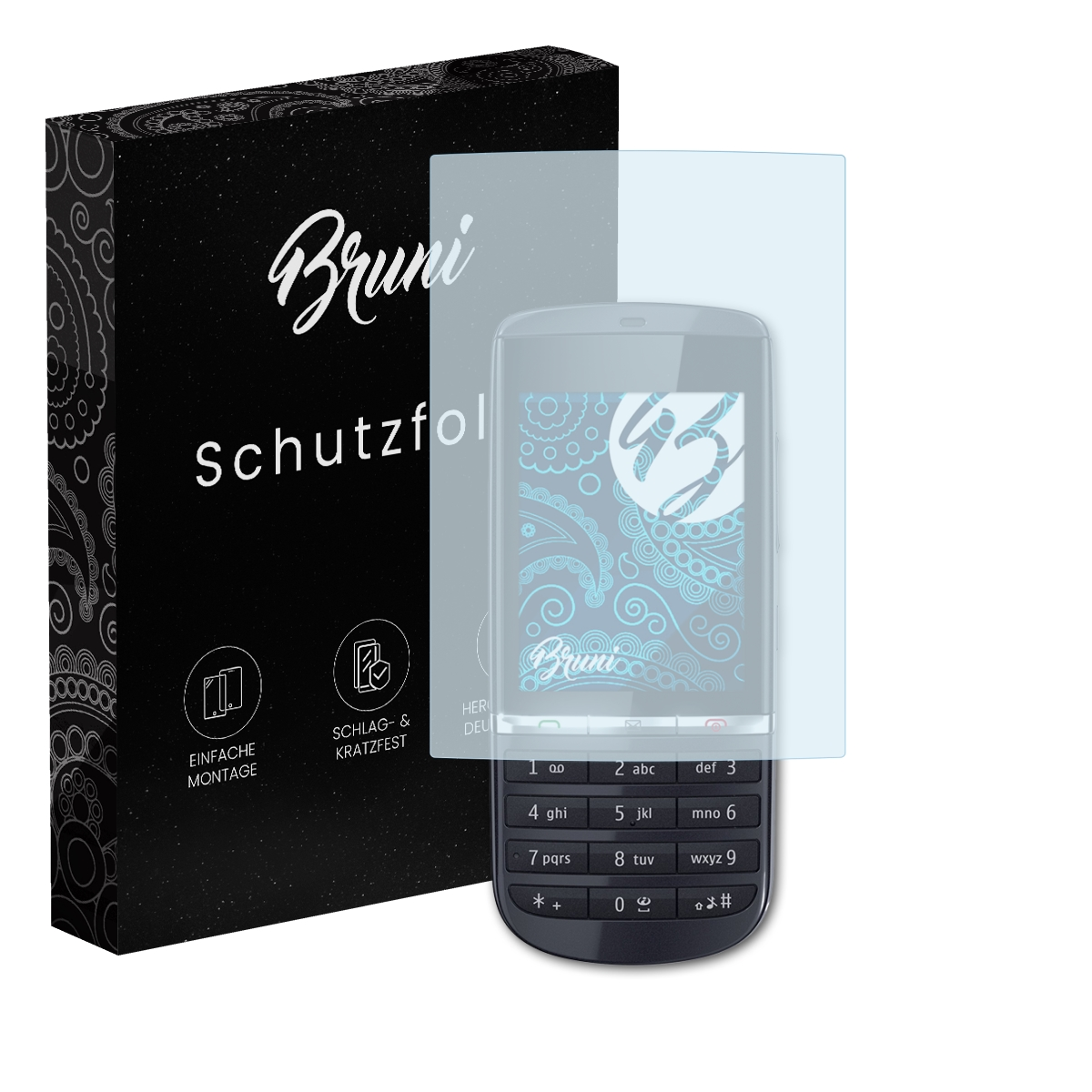 Schutzfolie auf einem Telefonbildschirm. Schwarze Box mit Text und Markenlogo im Hintergrund.