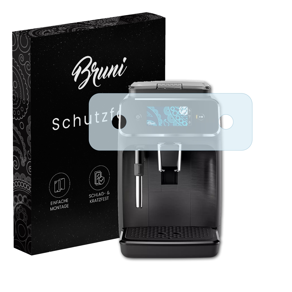 Kaffeemaschine mit Displayschutz, schwarze Box mit Bruni-Logo. Der Schutz zeigt ein Bildschirmdesign.