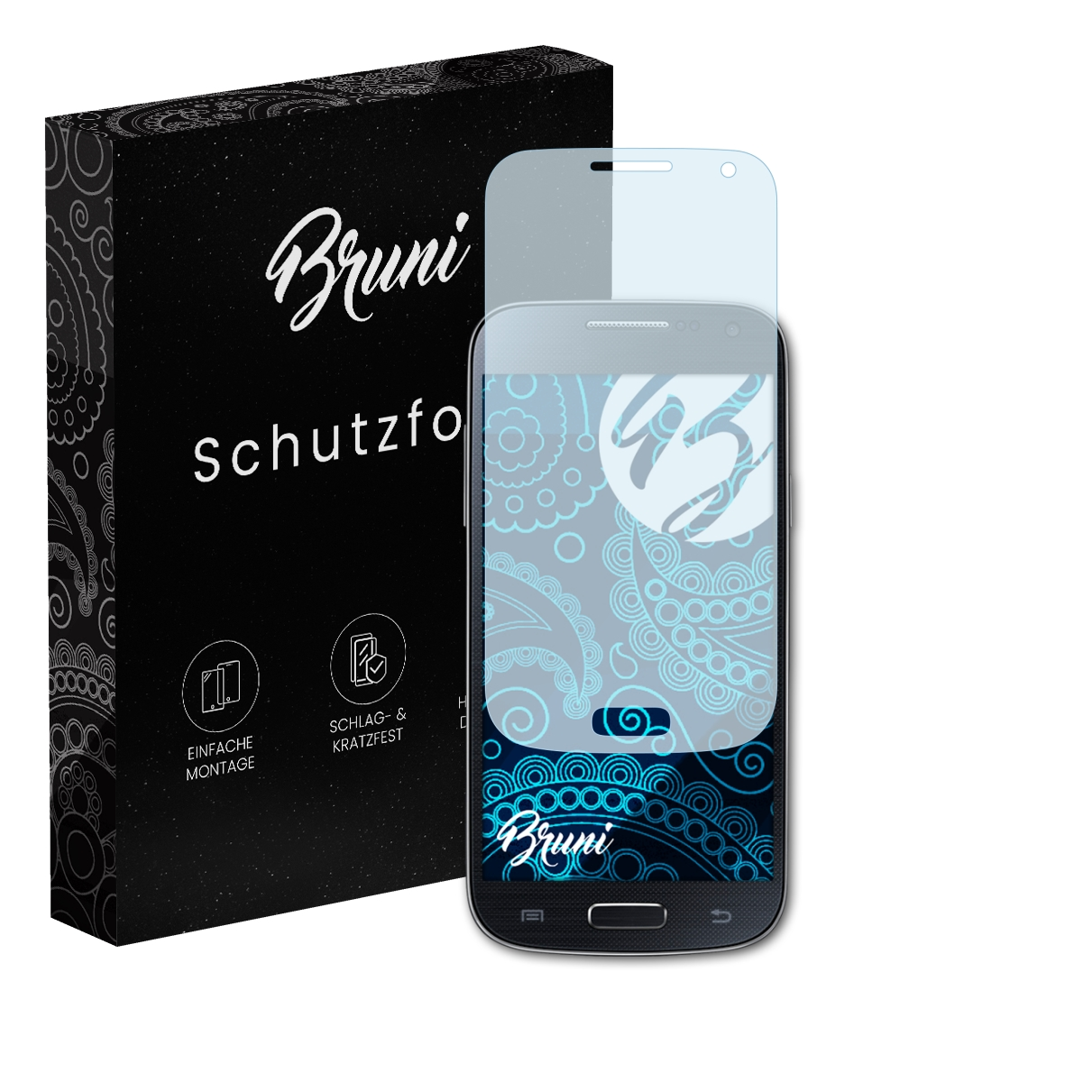Ein Telefon mit Displayschutzfolie. Links ist eine Schachtel der Marke 'Bruni'.