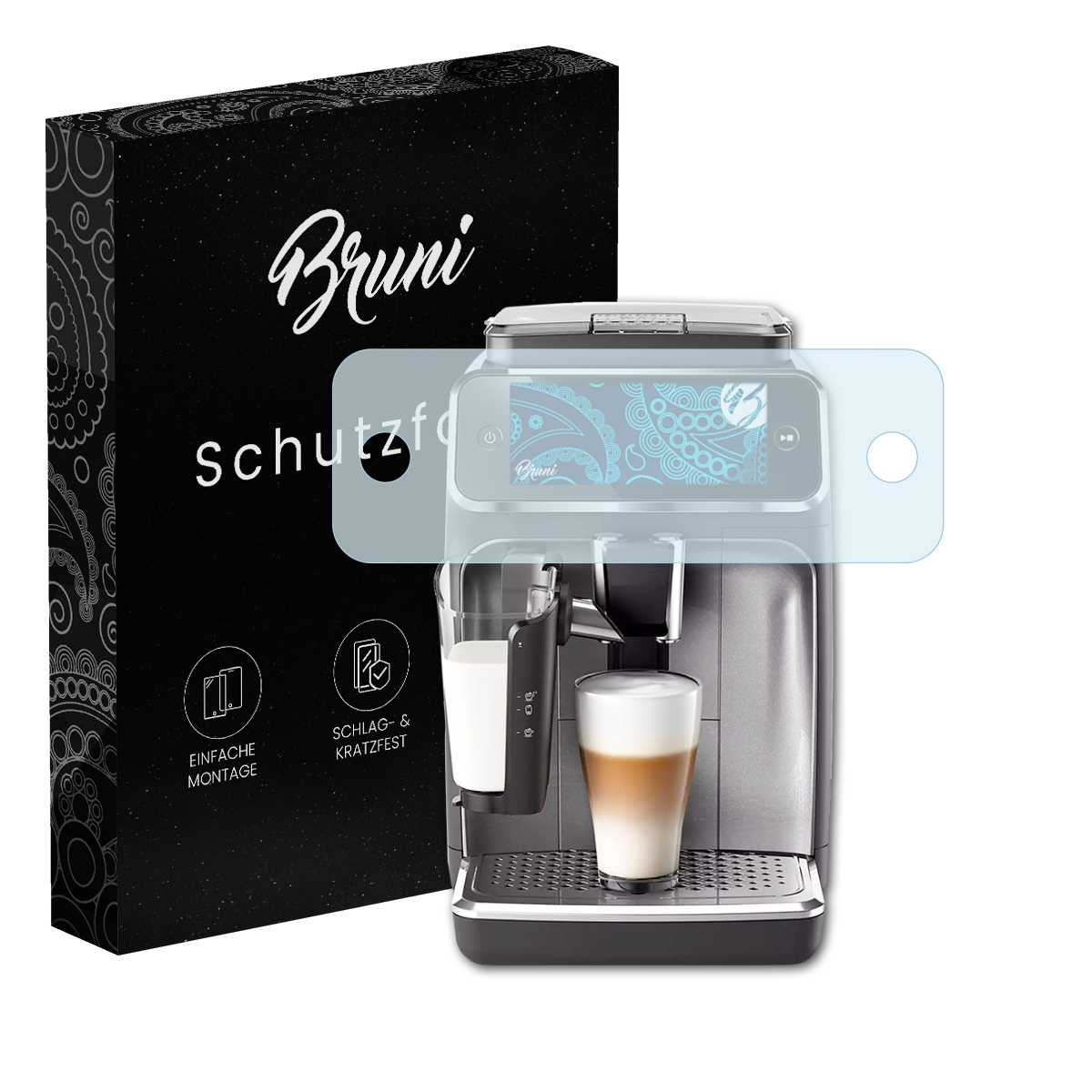 Kaffeemaschine mit Schutzfolie und Schachtel 'Bruni Schutzfolie'.