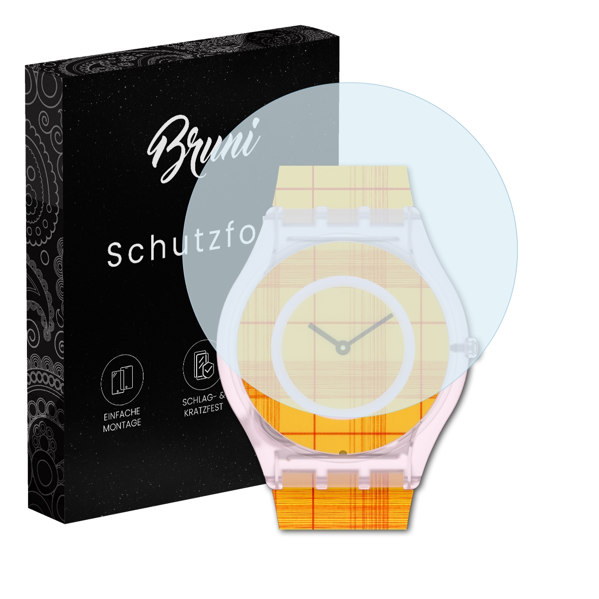 Uhr mit Displayschutzfolie und schwarzer Schachtel mit Paisleymuster.