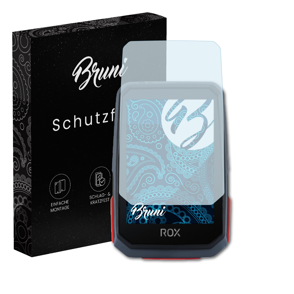 Schwarze Box mit 'Bruni' und 'Schutzfolie'. Displayschutz auf einem Gerät mit Design.