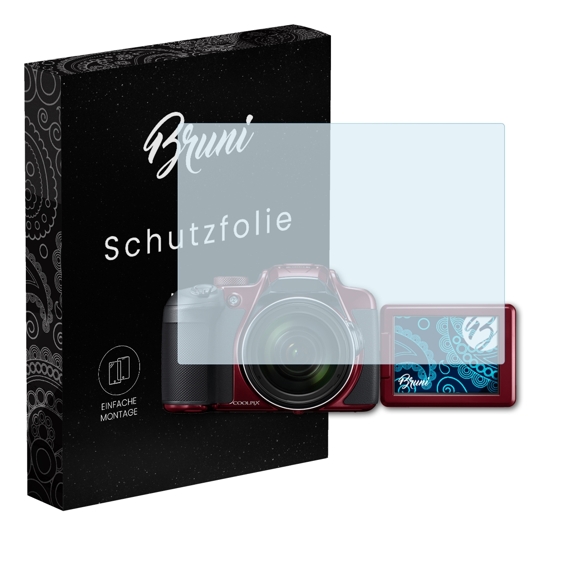Eine Kamera und ein Displayschutz sind abgebildet. Die Box ist links. Der Schutz ist auf der Kamera.