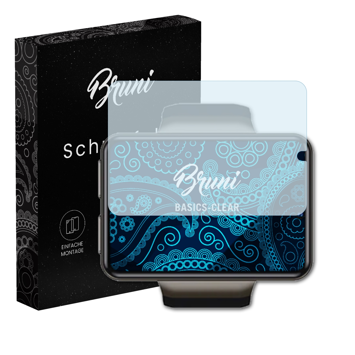 Eine Smartwatch mit Displayschutzfolie und Schachtel mit 'Bruni' und 'Schutzfolie'.