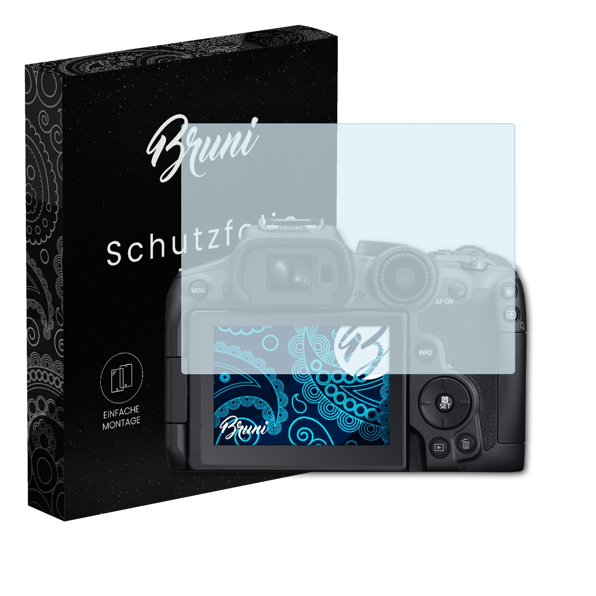 Kamera mit Displayschutz, eine schwarze Box mit dem Markennamen.