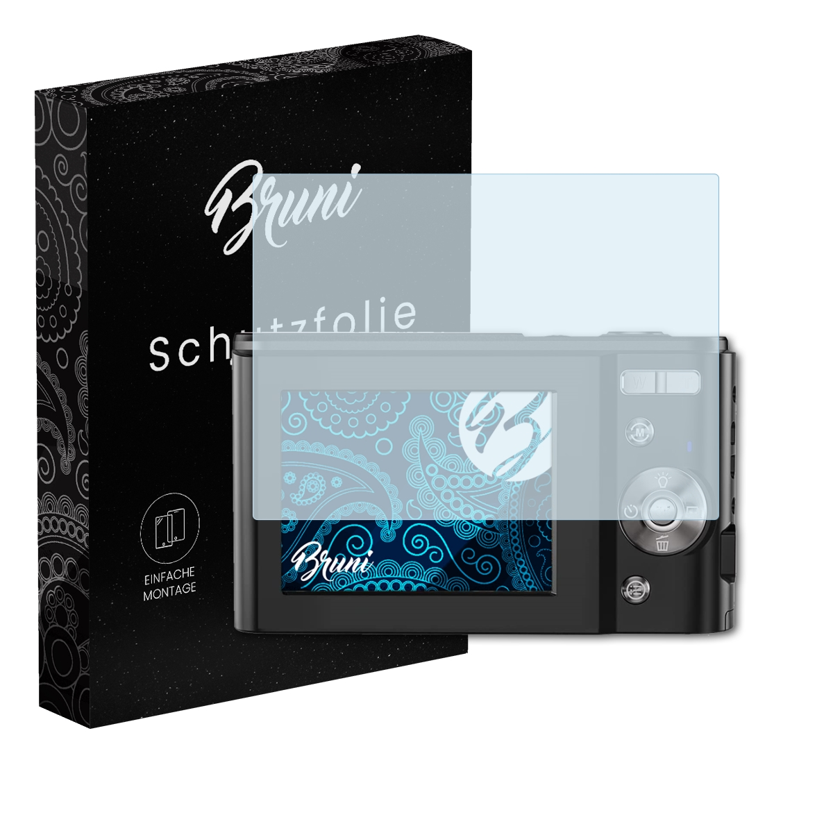 Eine schwarze Kamera mit Displayschutzfolie und einer gemusterten Box. Der Bildschirm zeigt ein blaues Paisley-Design.