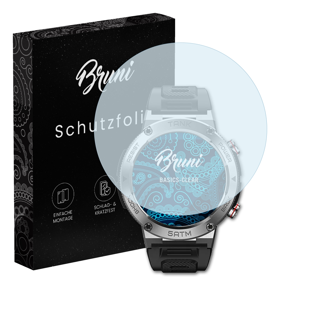 Eine Smartwatch mit Displayschutzfolie und gemusterter Box. Der Bildschirm zeigt ein blaues Paisley-Design.