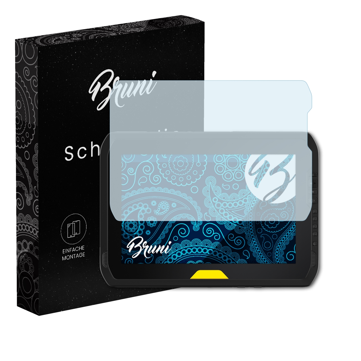 Schwarze Box mit 'Bruni' und Displayschutzfolie auf einem Tablet. Das Tablet hat ein blaues Muster.