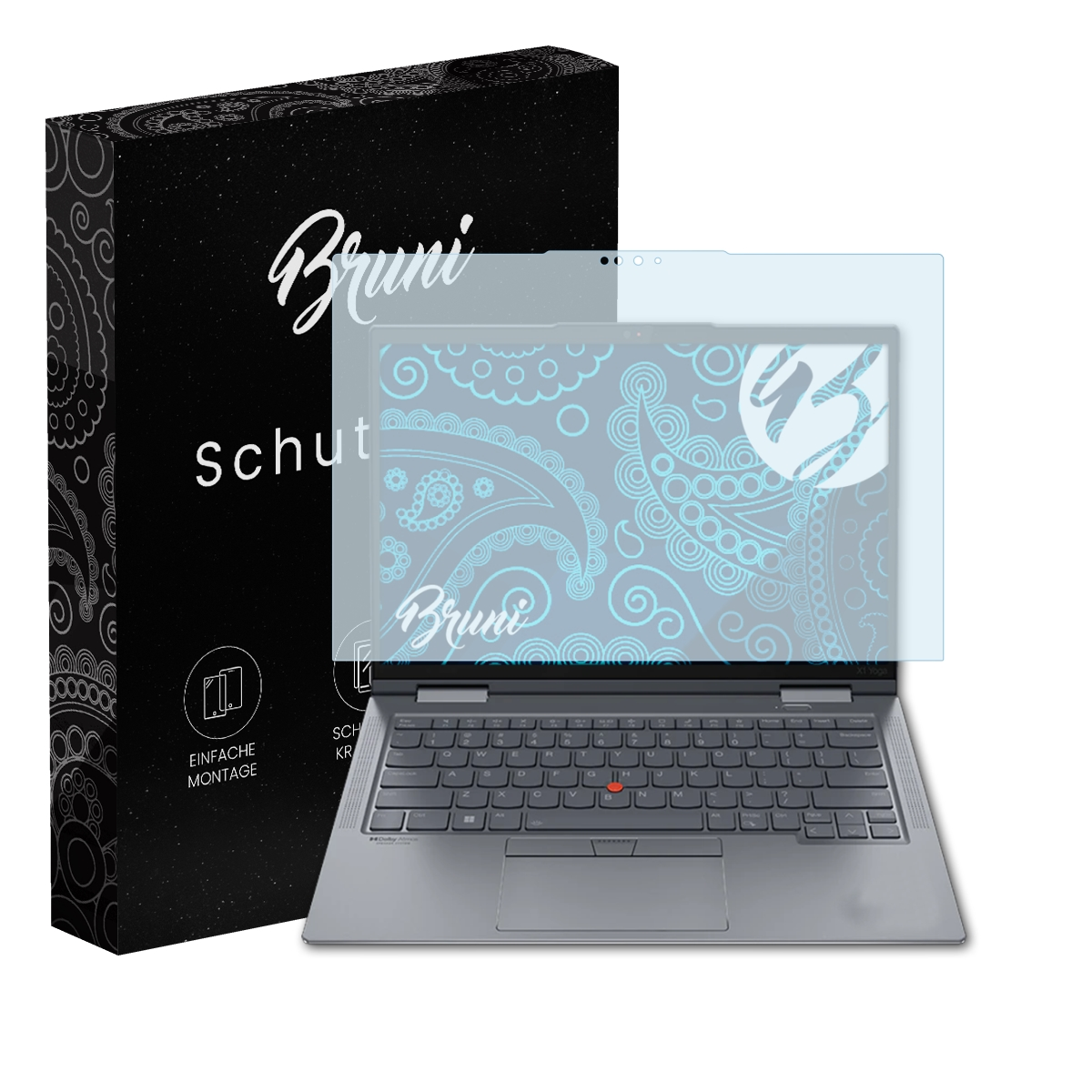 Schwarze Box mit 'Bruni' und Displayschutzfolie auf einem Laptop. Der Laptop ist geöffnet.