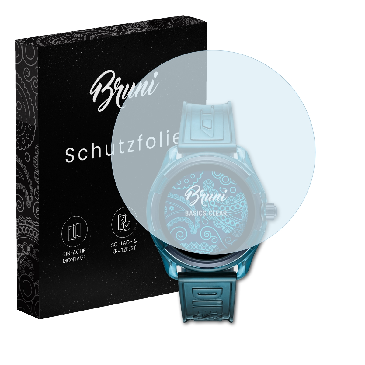 Schwarze Box, Smartwatch und Displayschutzfolie. Die Smartwatch ist türkis und hat einen Bildschirm.