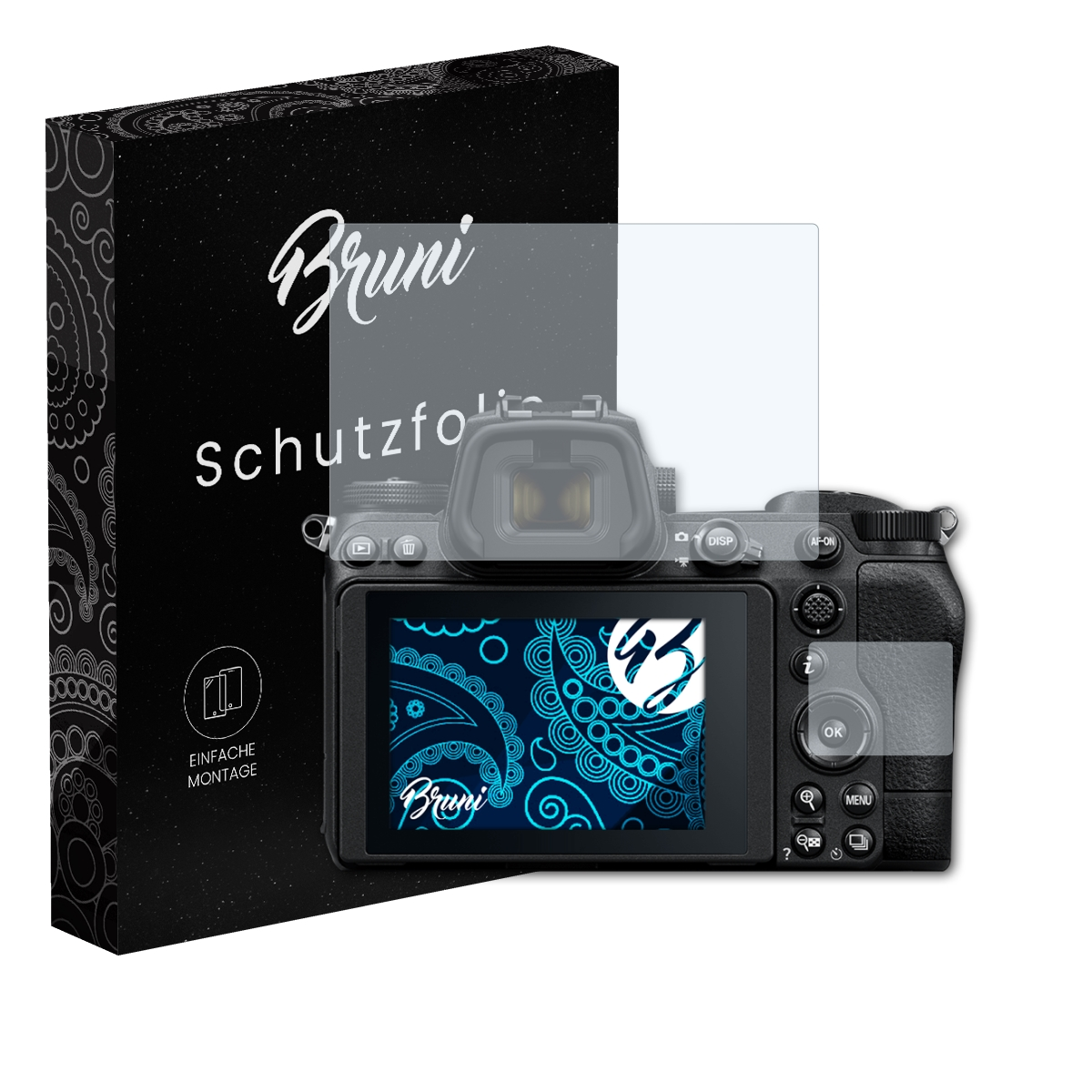 Eine Kamera mit Displayschutzfolie und eine schwarze Box mit Text und Logos.