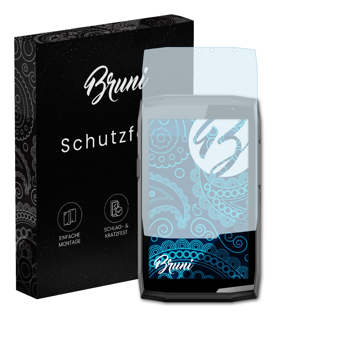 Ein Smartphone mit Displayschutz, eine Schachtel mit Branding und einem Paisley-Muster.