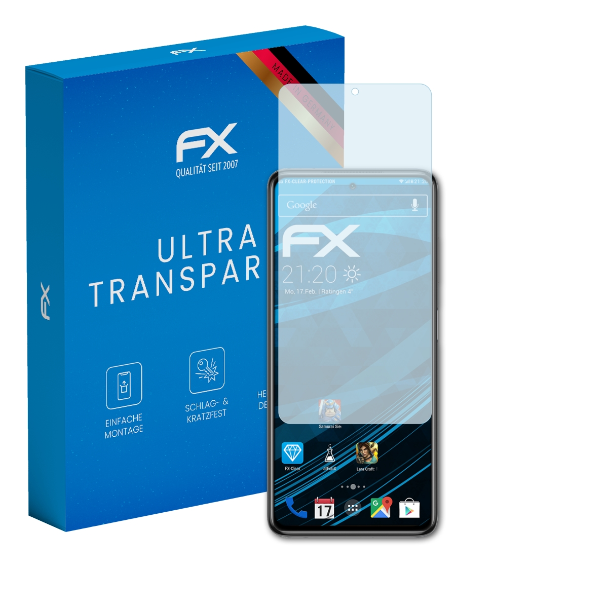 Smartphone mit Displayschutzfolie, Box links. Das Telefon zeigt Uhrzeit und Apps.
