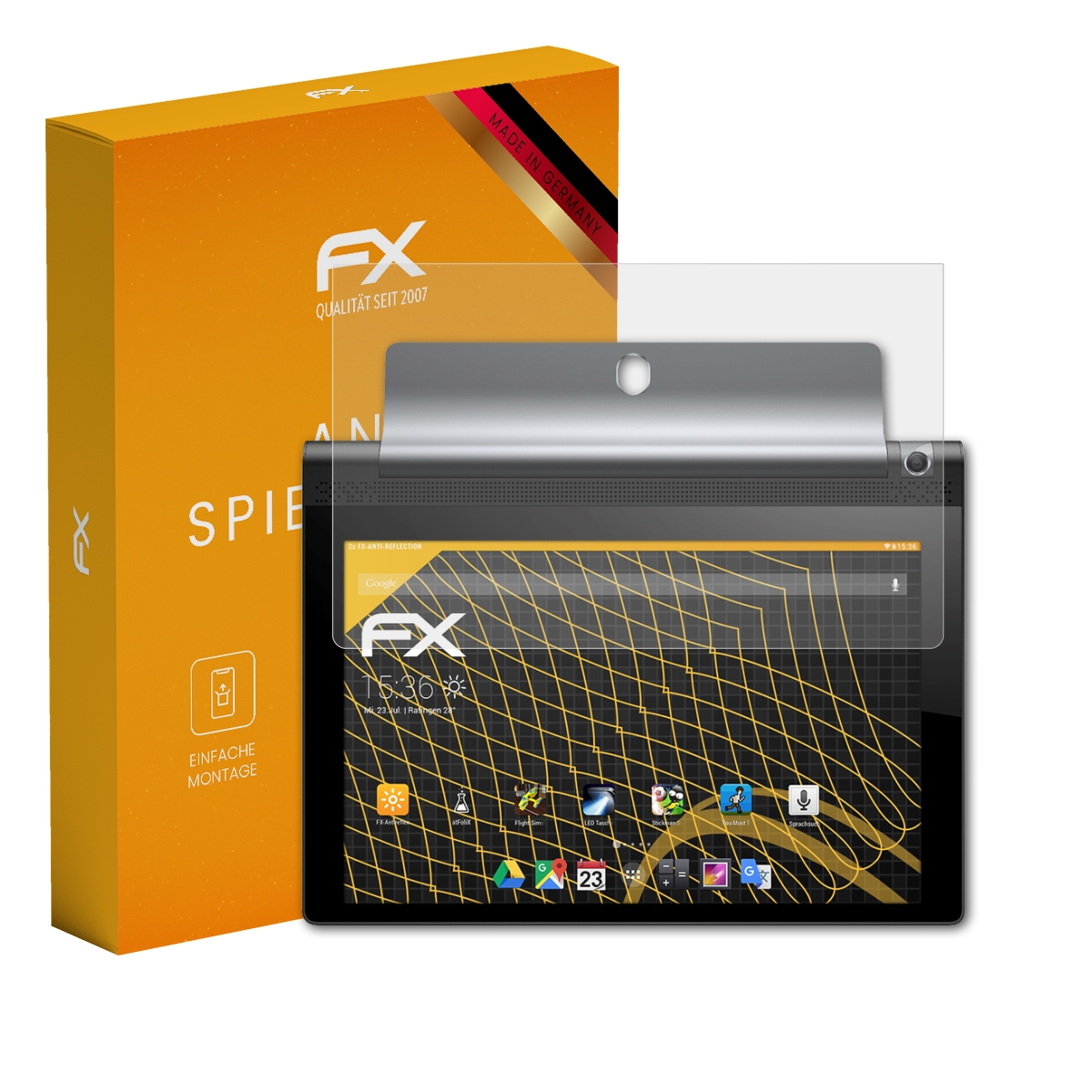 Ein Tablet mit Displayschutz neben einer orangefarbenen Schachtel.