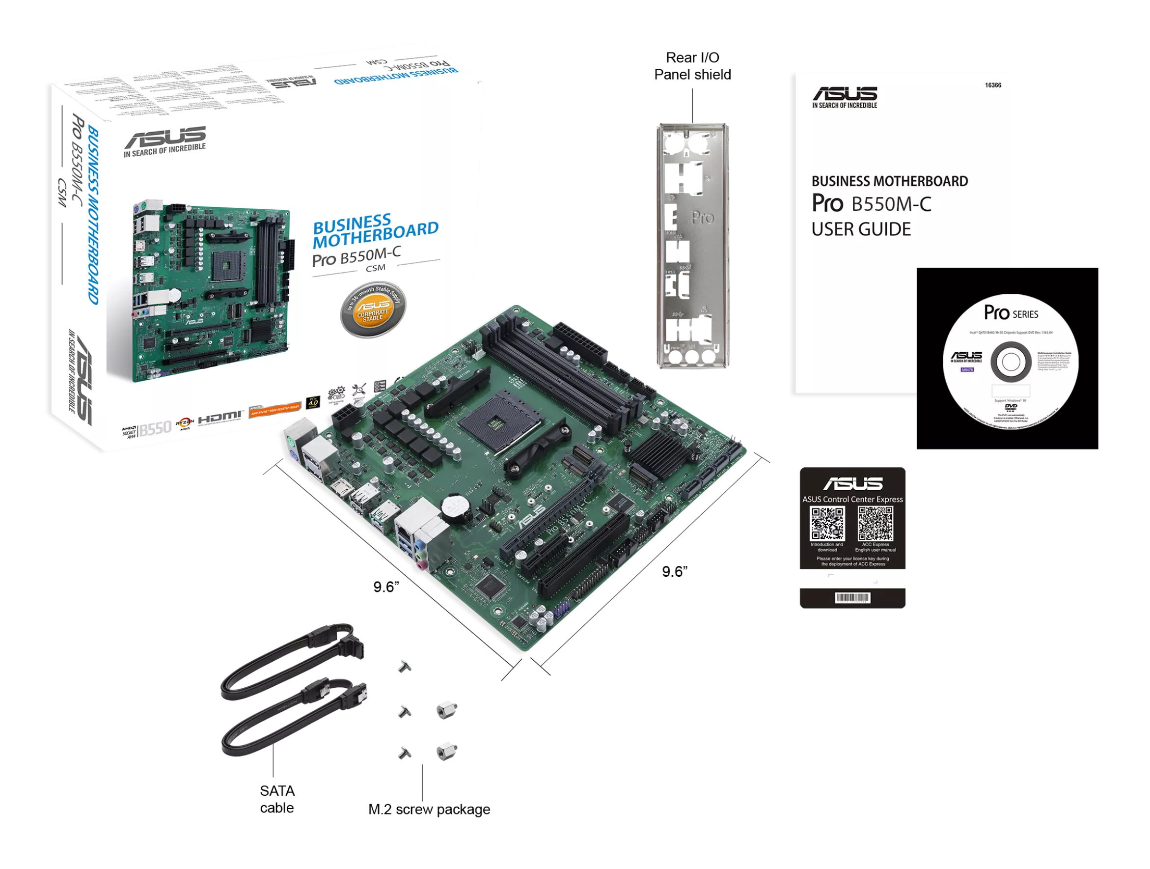 Viene mostrato un assortimento di componenti e accessori per computer, tra cui una scheda madre, cavi e una guida per l'utente.