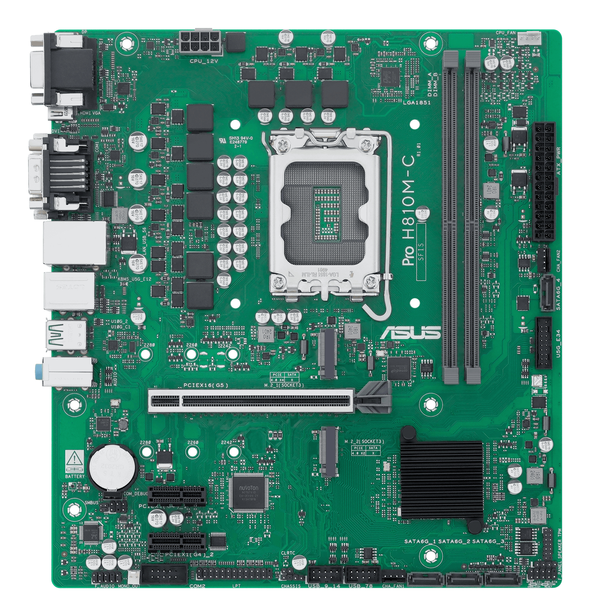 A green computer motherboard with various components like CPU, ports, and chips. The board says 'Pro H810M-C SFIC'.