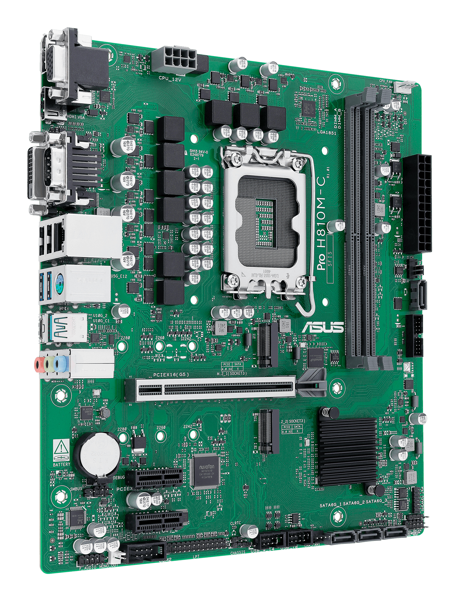 Green computer motherboard with various components and ports, isolated on white background.