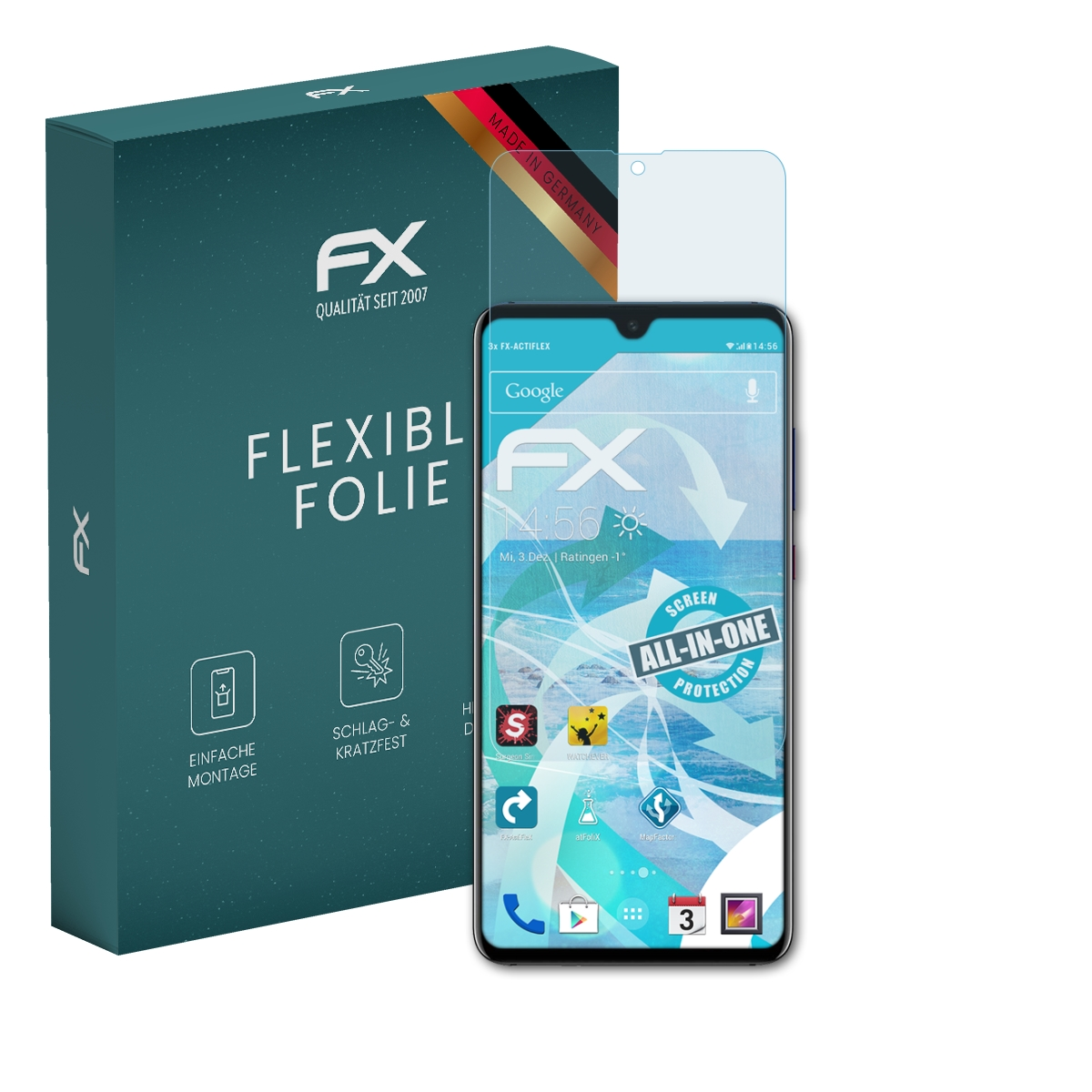 Telefon mit Displayschutz, Box im Hintergrund. Schutz sagt 'FX'. Telefon zeigt Zeit und Apps. Made in Germany.