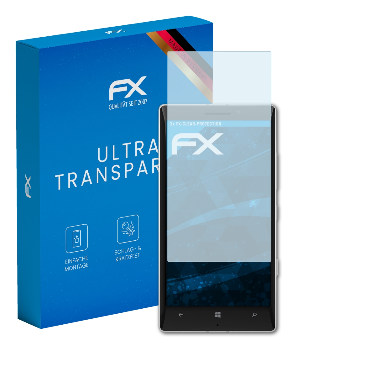 Ein Handy-Displayschutz mit einem Handy rechts und einer lila Box links.