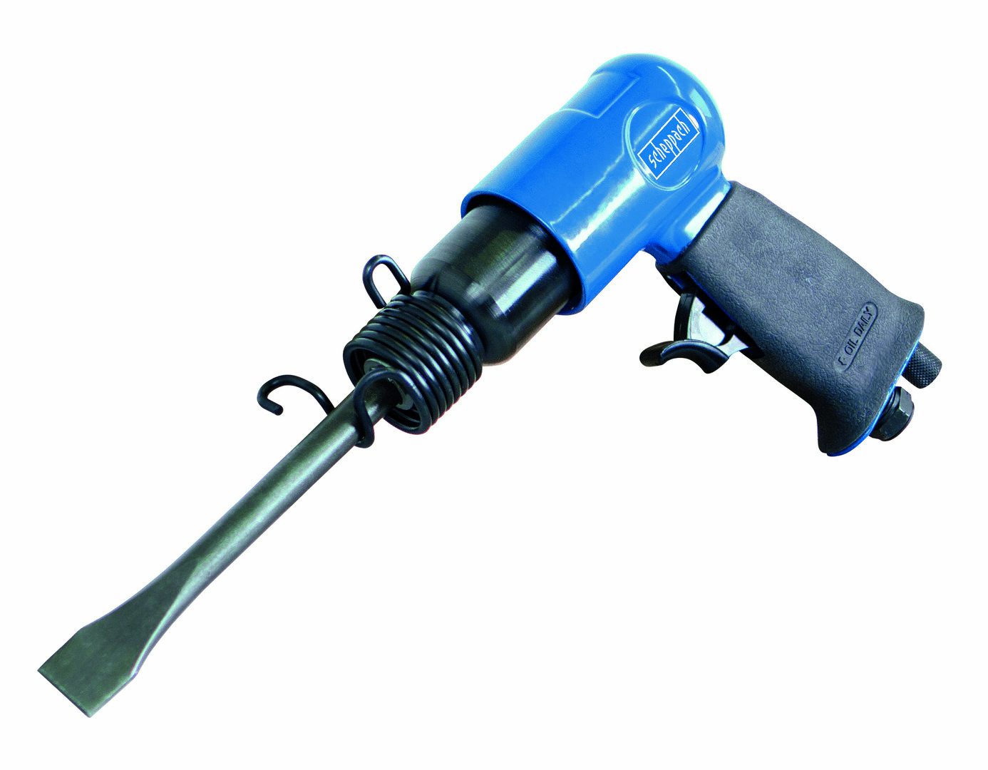 Martello pneumatico blu e nero. Scalpello metallico attaccato. Sfondo bianco.