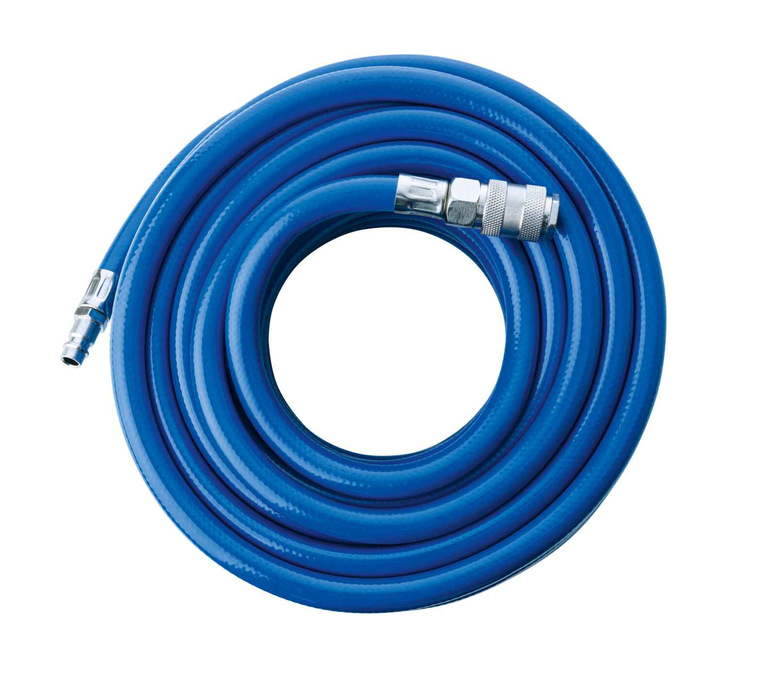 Tubo dell'aria blu arrotolato, con connettori ad ogni estremità, su sfondo bianco.