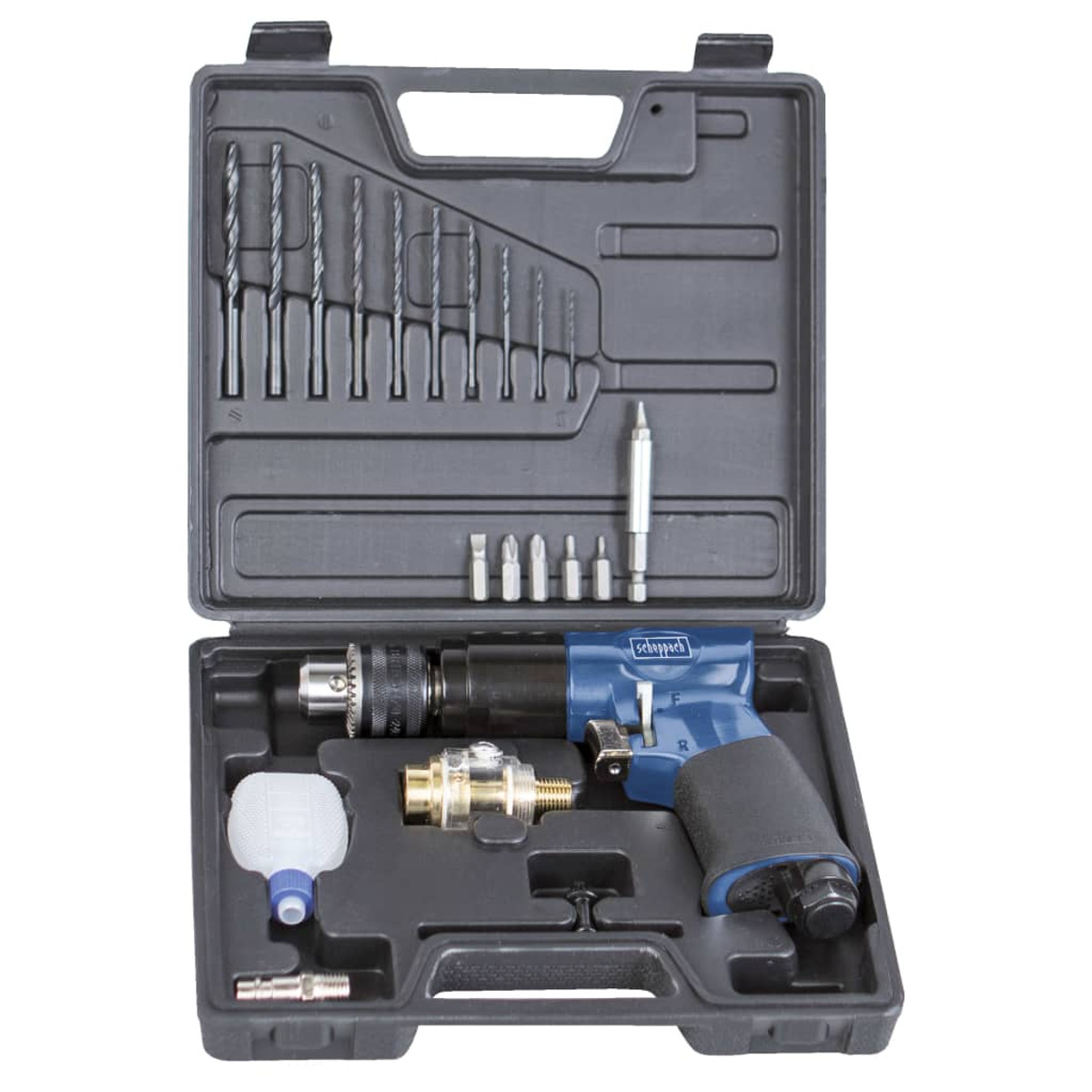 Kit martello pneumatico in valigetta nera. Include punte, inserti e utensile pneumatico.