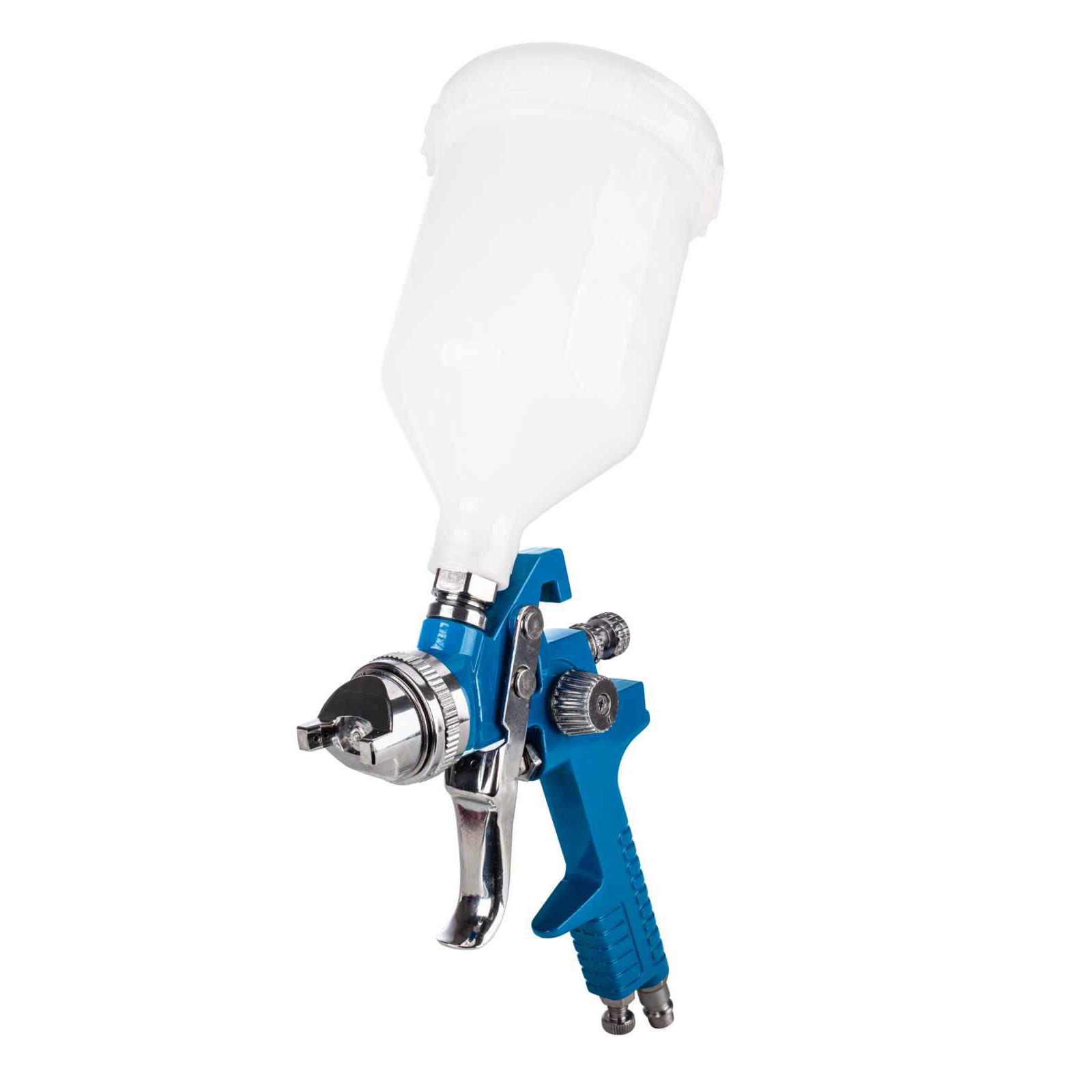 Pistola a spruzzo blu e argento con serbatoio di vernice bianco, in posizione verticale.