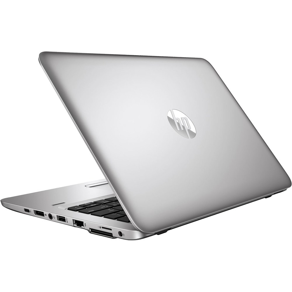 Silberner Laptop von hinten, HP-Logo, teilweise geöffnet, weißer Hintergrund.
