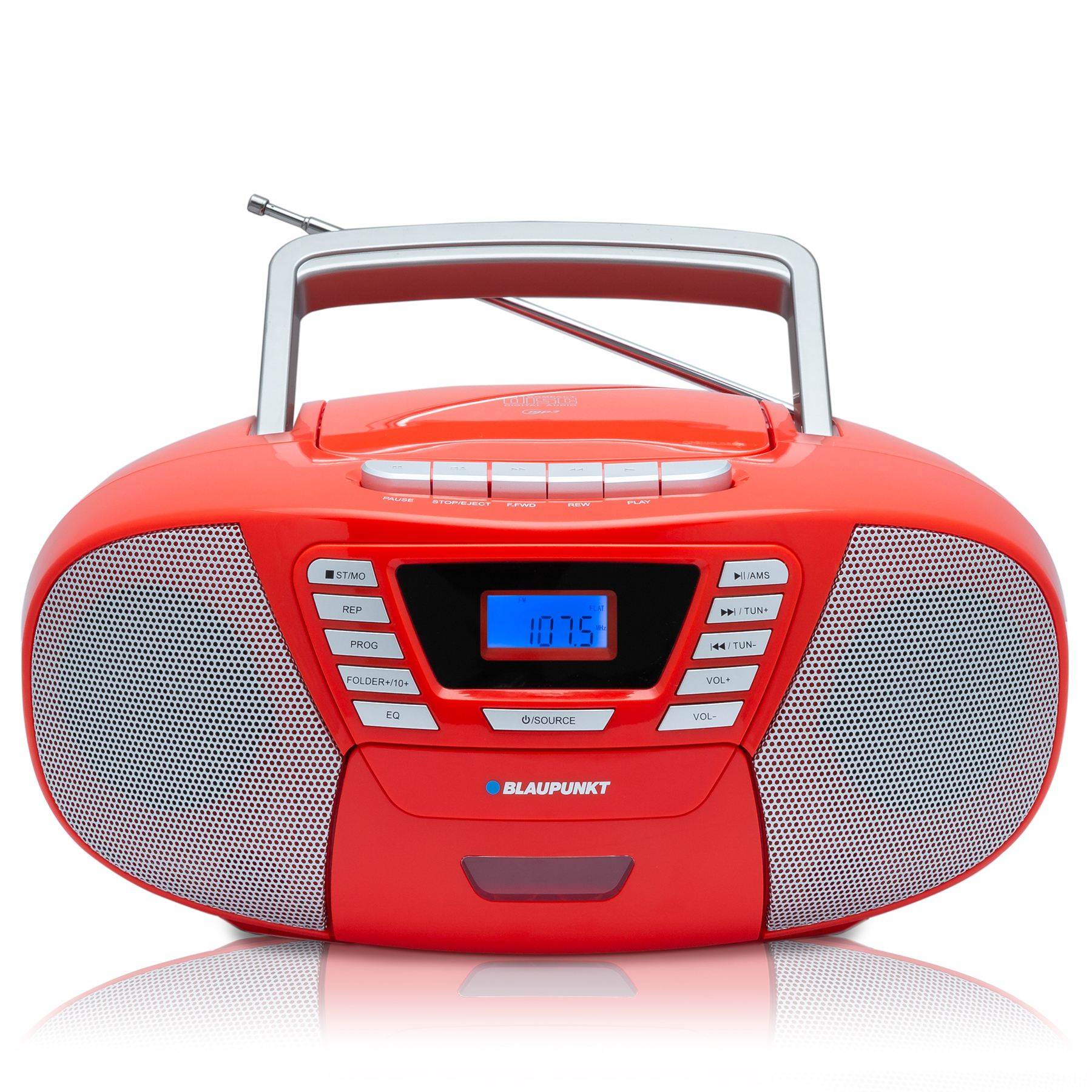 Roter Ghettoblaster, Draufsicht. Silberner Griff. Weiße Oberfläche. Tasten sichtbar.