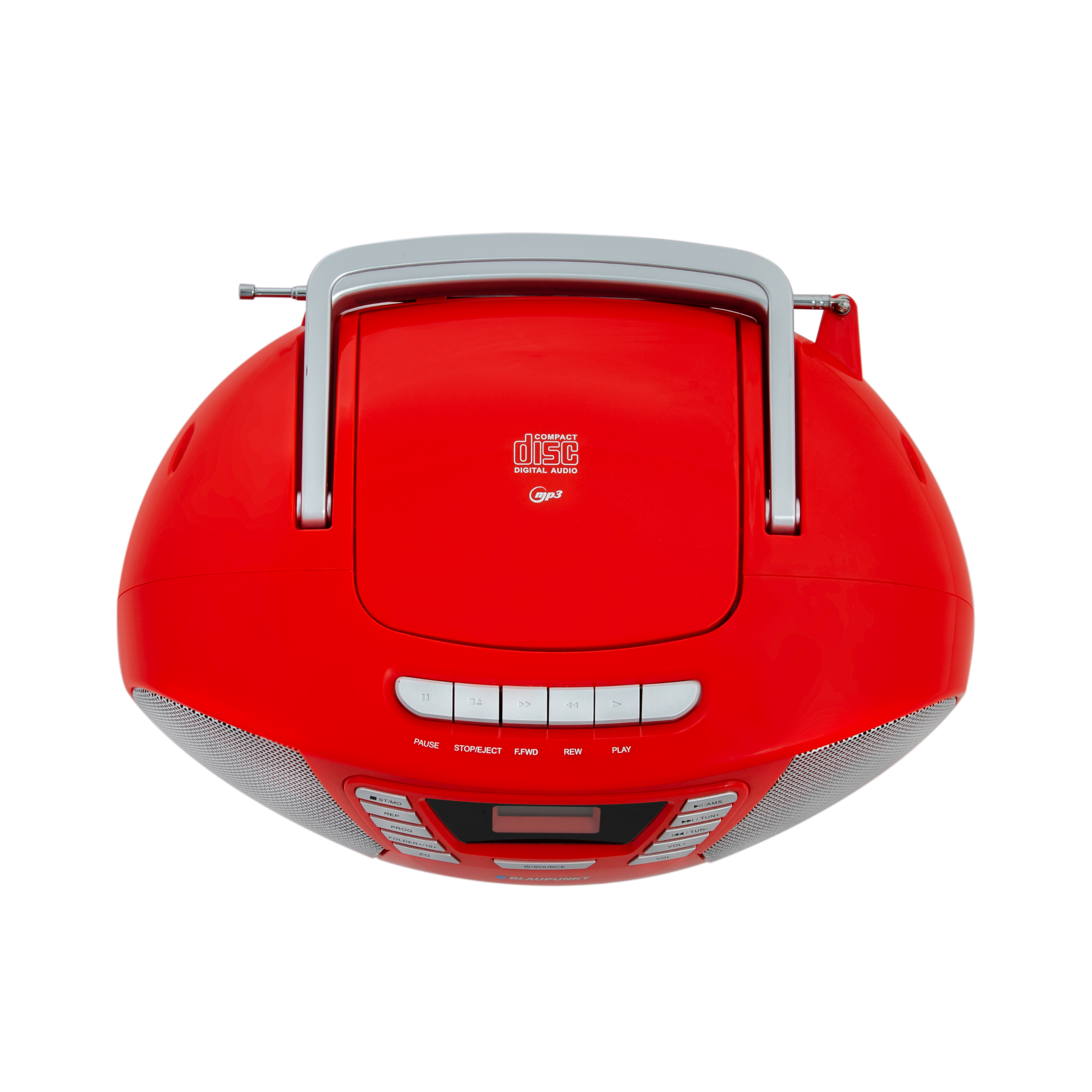 Roter Ghettoblaster, Draufsicht. Silberner Griff. Compact Disc-Logo sichtbar. Tasten auf der Vorderseite.