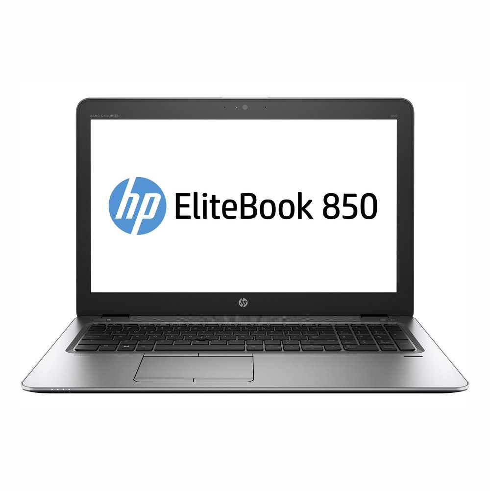 Silberner Laptop mit weißem Bildschirm, HP EliteBook 850 zeigend.