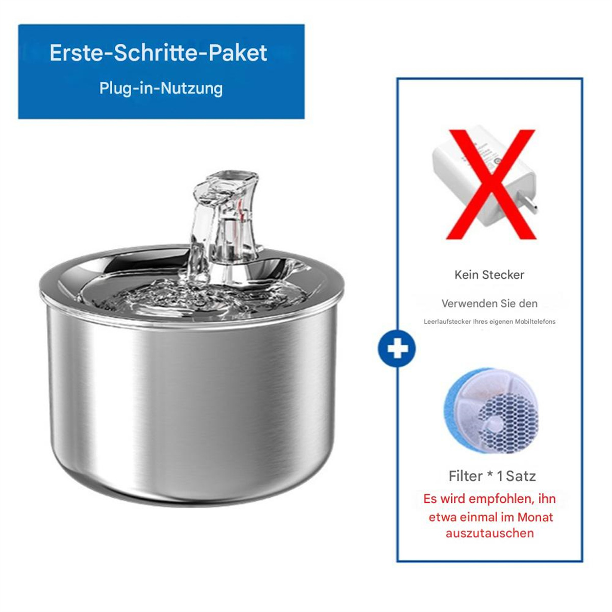 Trinkbrunnen für Haustiere, mit Filter und Etikett.