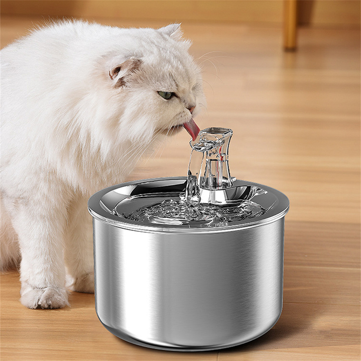 Weiße Katze trinkt Wasser aus einem Edelstahl-Haustierbrunnen.